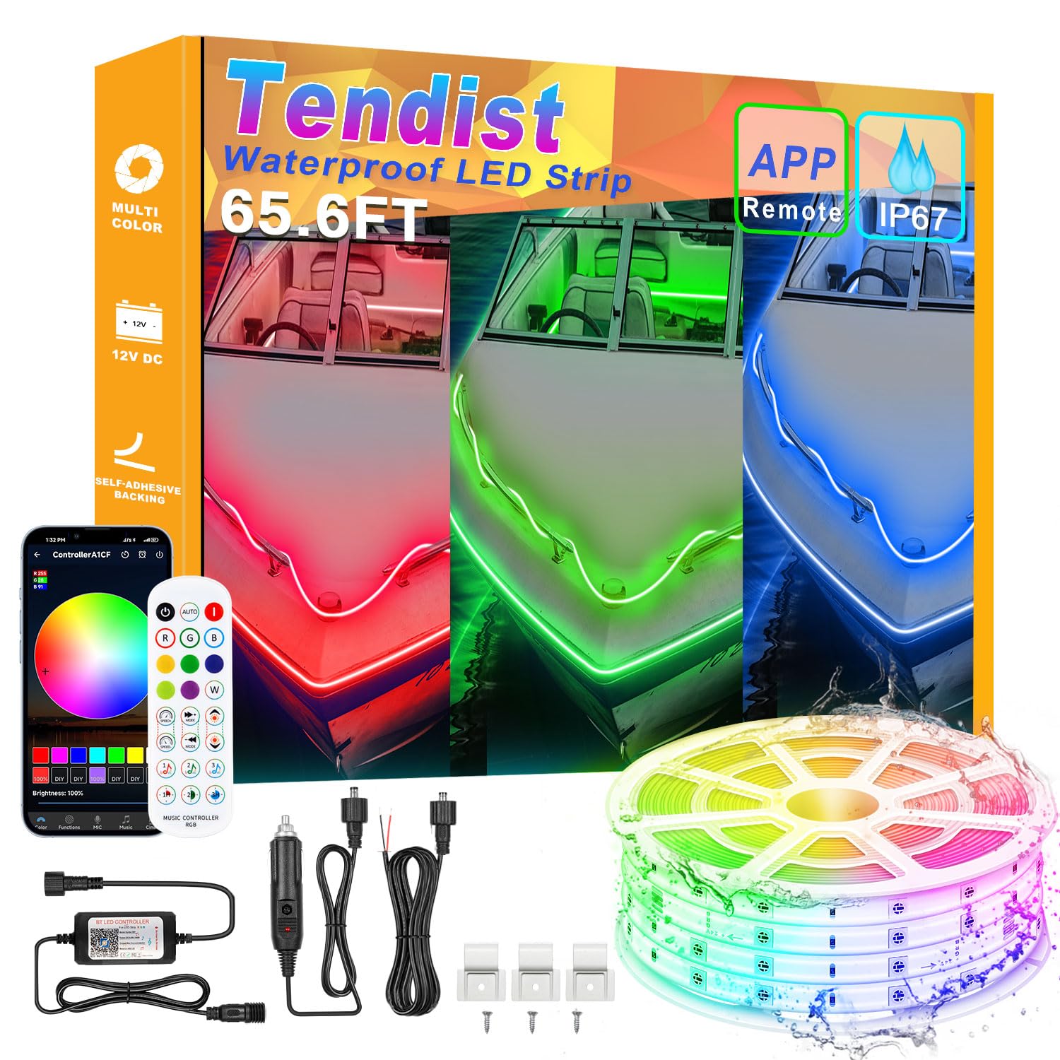 65.6FT Boat Lights LED Waterproof, Pontoon Boat Led Lights Strip, Marine Led Strip Light, Multicolor 12v RGB LED Strips Outdoor IP67, Night Fishing Lighting with APP &amp; Remote for Bass Jon, RV, Kayak