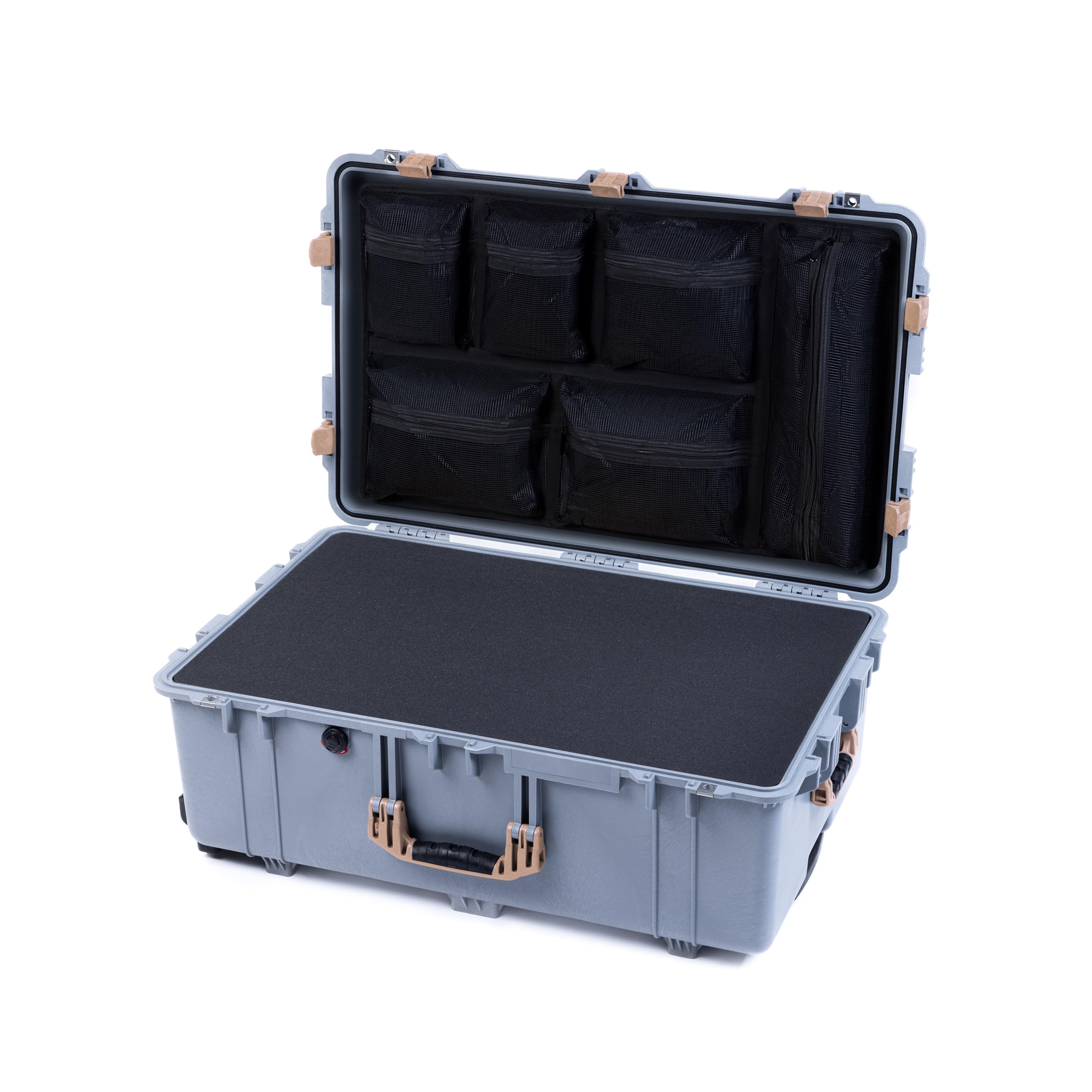 Pelican 1650 Case by ColorCase - Silver - Large Sized Waterproof Case with Pick & Pluck Foam & Mesh Lid Organizer - Desert Tan Handles & Latches