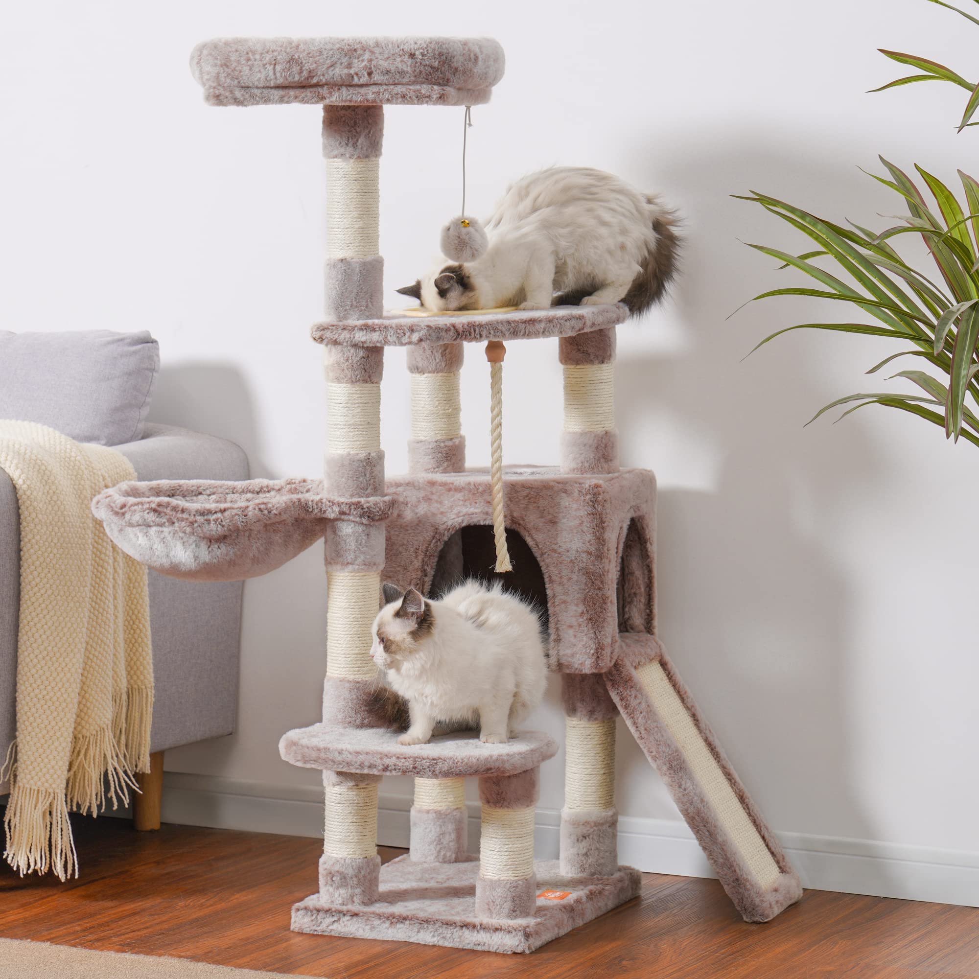 Heybly Cat Tree 46 inches Cat Tower for Indoor Cats Multi-Level Cat Furniture Condo with Feeding Bowl and Scratching Board Muchroom HCT010SMU