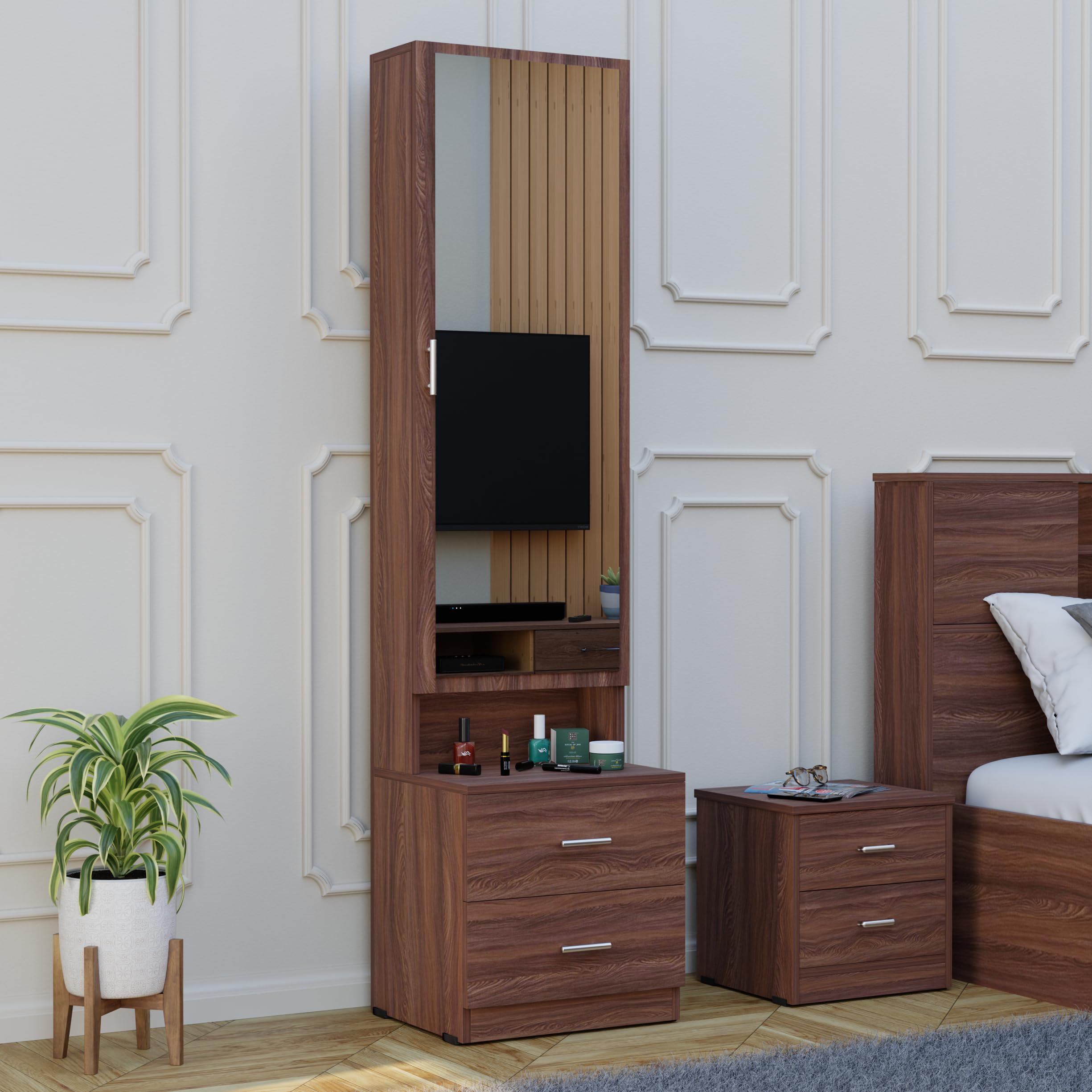 WOODCLOUD Wooden Dressing Table with Mirror and Storage | Engineered Wood Dressing Table with Drawer and Door Storage, Vanity Table for Bedroom, Living Room and Home - Walnut-image-25