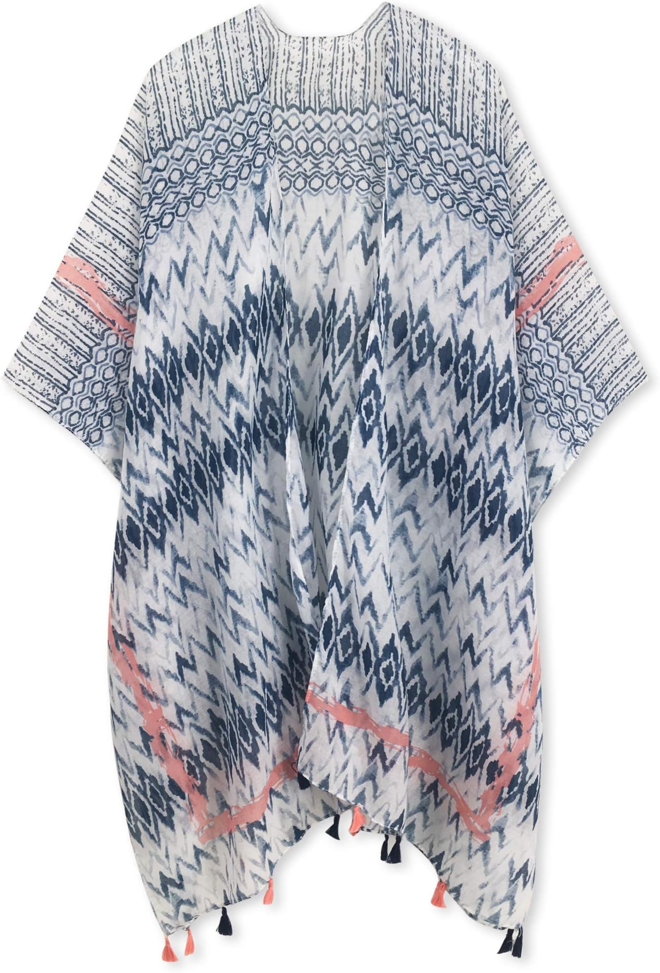 Spicy Sandia Swimsuit Cover ups for Women with Tassel Open-Front Kimono Cardigan with Navy Chevron Beach Cover up