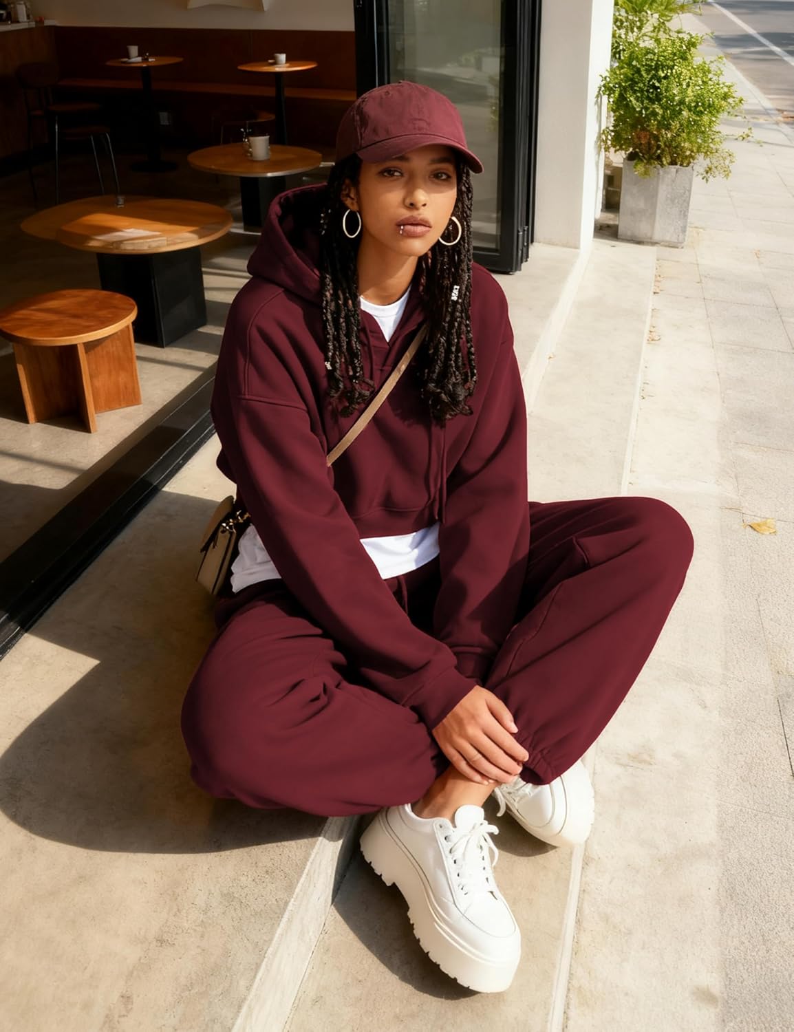 Womens Fleece 2 Piece Outfits Sweatsuit Crop Hooded Pullover Sweatshirt Top Jogger Sweatpants Tracksuits Set