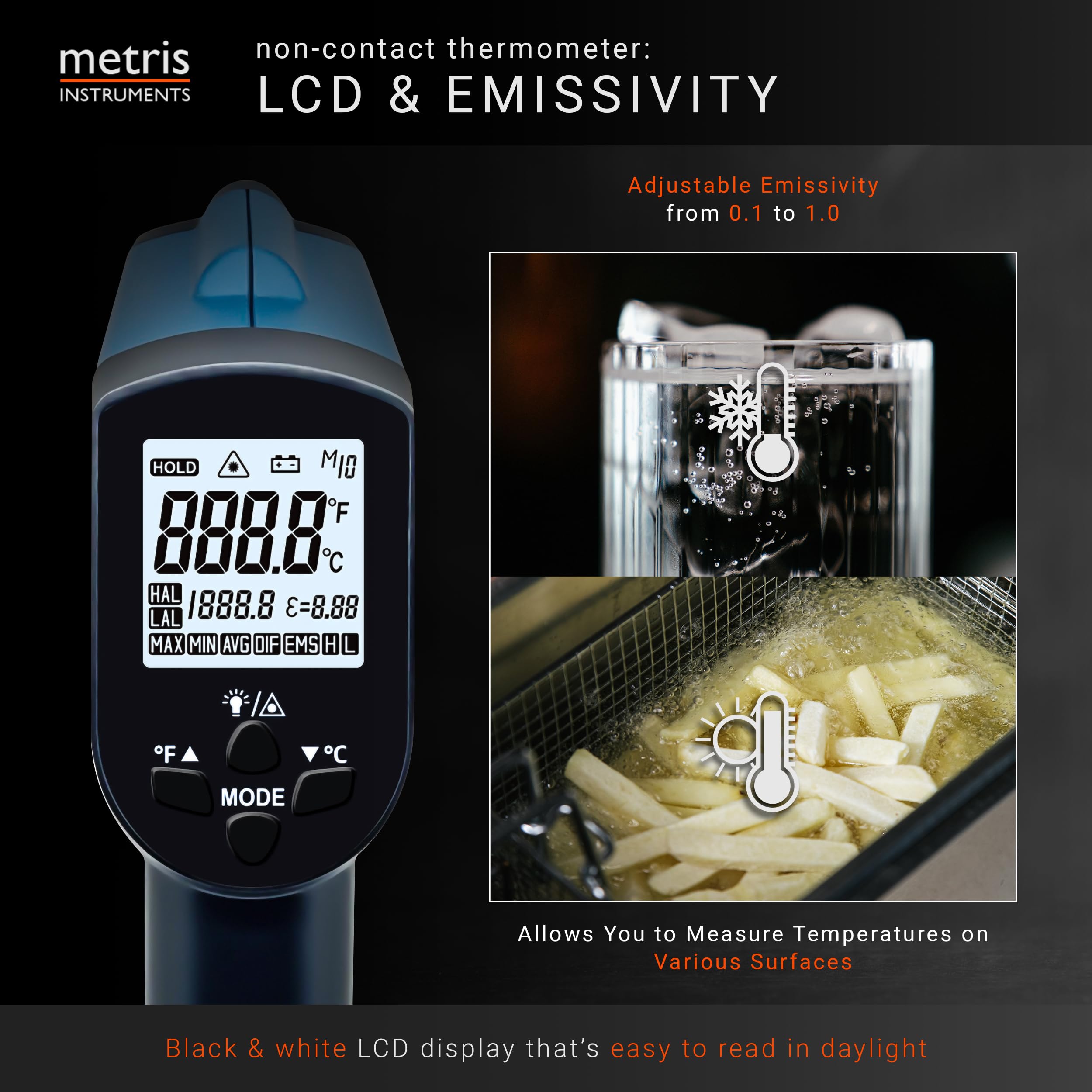 Pistola de termómetro infrarrojo digital para HVAC, industrial, automotriz, MRO; -58 a 750.0 °C (-50 a 750 °C) relación D: S 24:1 (en aproximadamente 24 pulgadas - área de prueba de