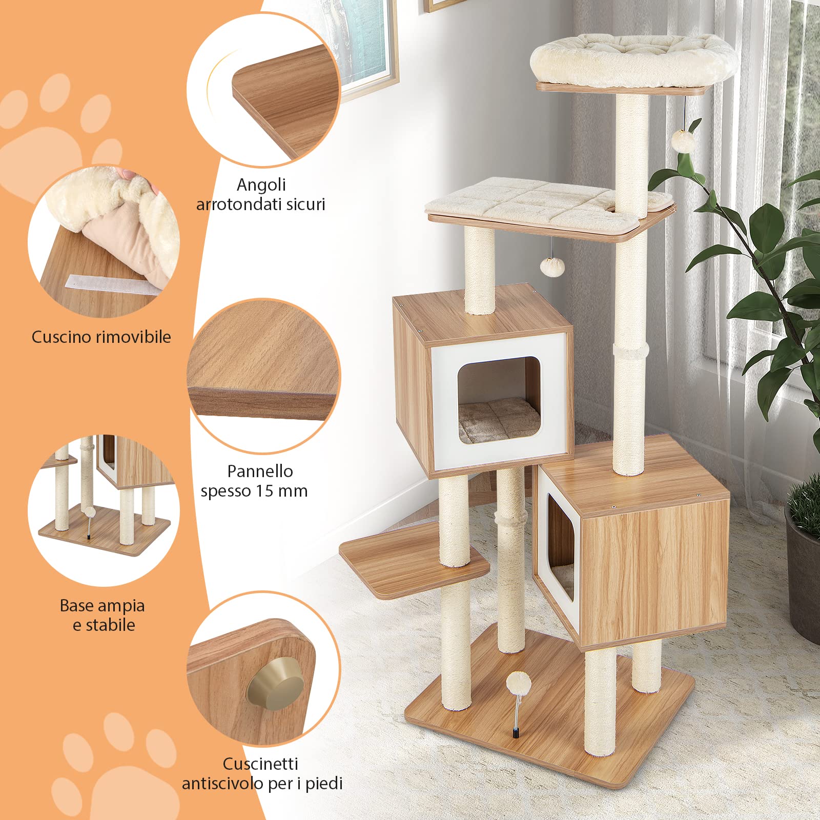 COSTWAY Tiragraffi per Gatti di Legno 163 cm, con Tiragraffi in Sisal, Cuscini Lavabili, Trespolo, 3 Palline e 2 Cuccia, Albero Tiragraffi per Gatti di Piccole e Grandi Dimensioni