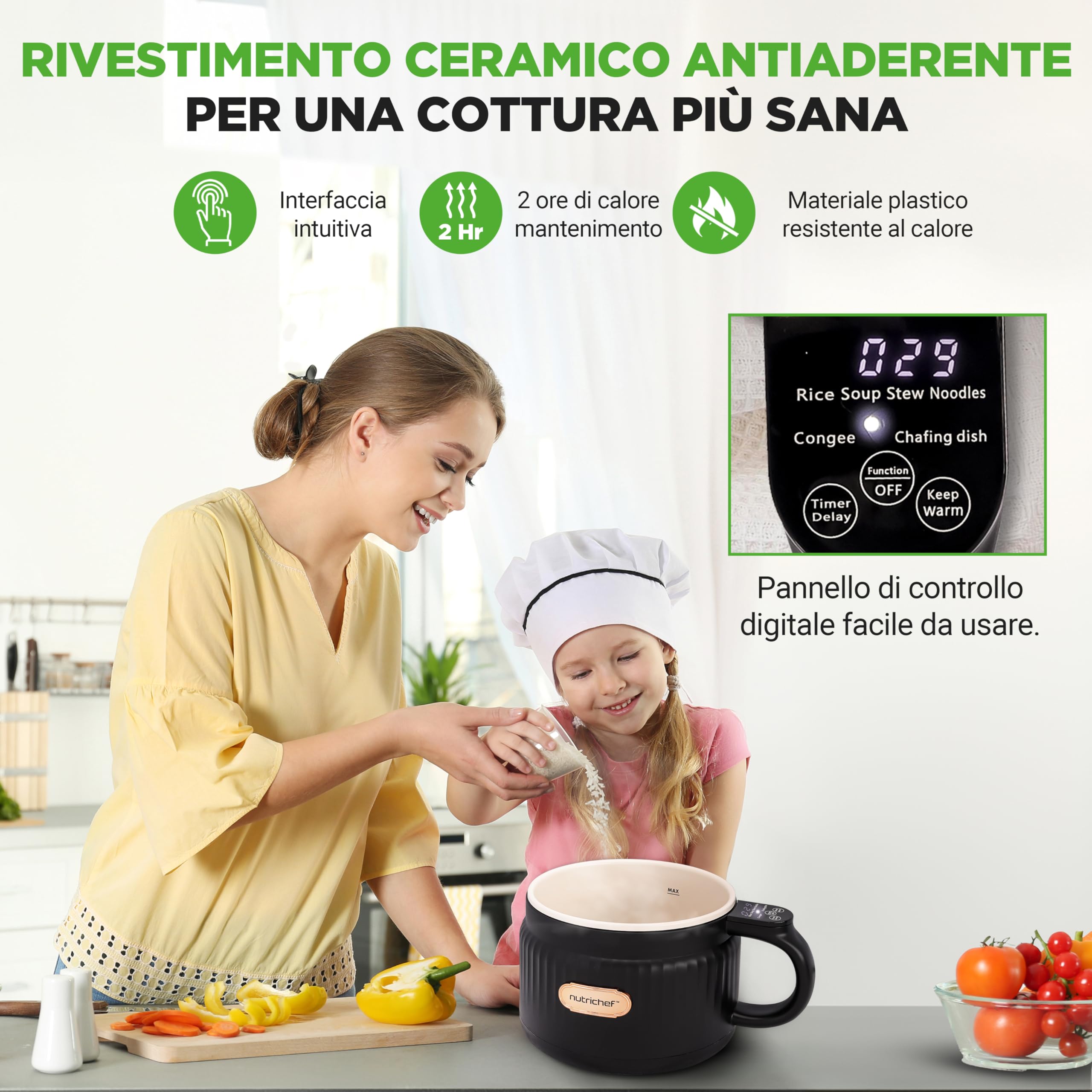 NutriChef Cuoci Riso Elettrico 1,5 Litri, Multi-Funzione con Rivestimento Antiaderente in Ceramica, Pannello Digitale, 6 Funzioni: Riso, Zuppe, Stufati, Porridge Istantaneo, Nero