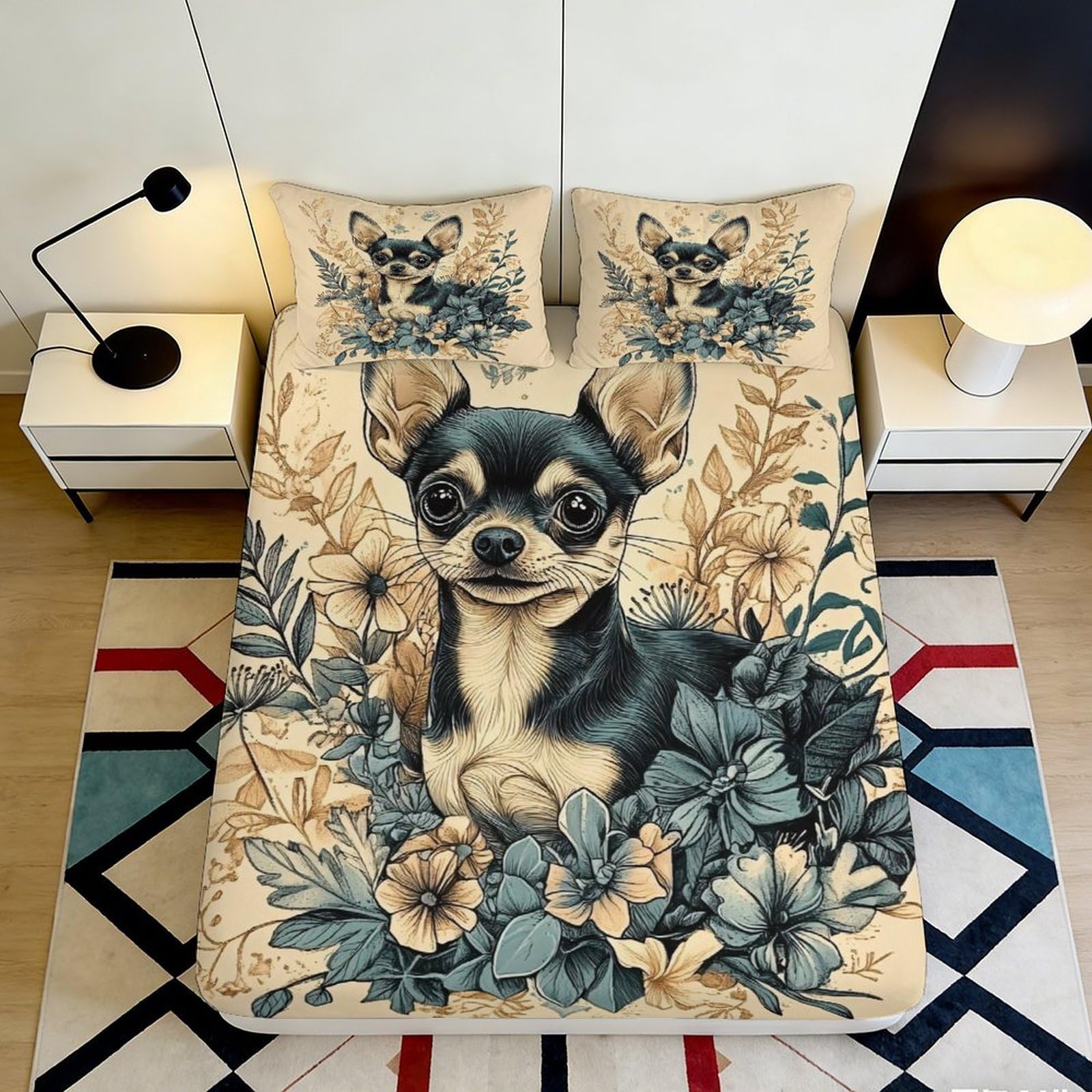 3D Printed Chihuahua Floral Fitted Sheet Microfiber Soft Breathable Dog Art Bed Cover for Bedroom Guest Room Decor 200x200x25cm