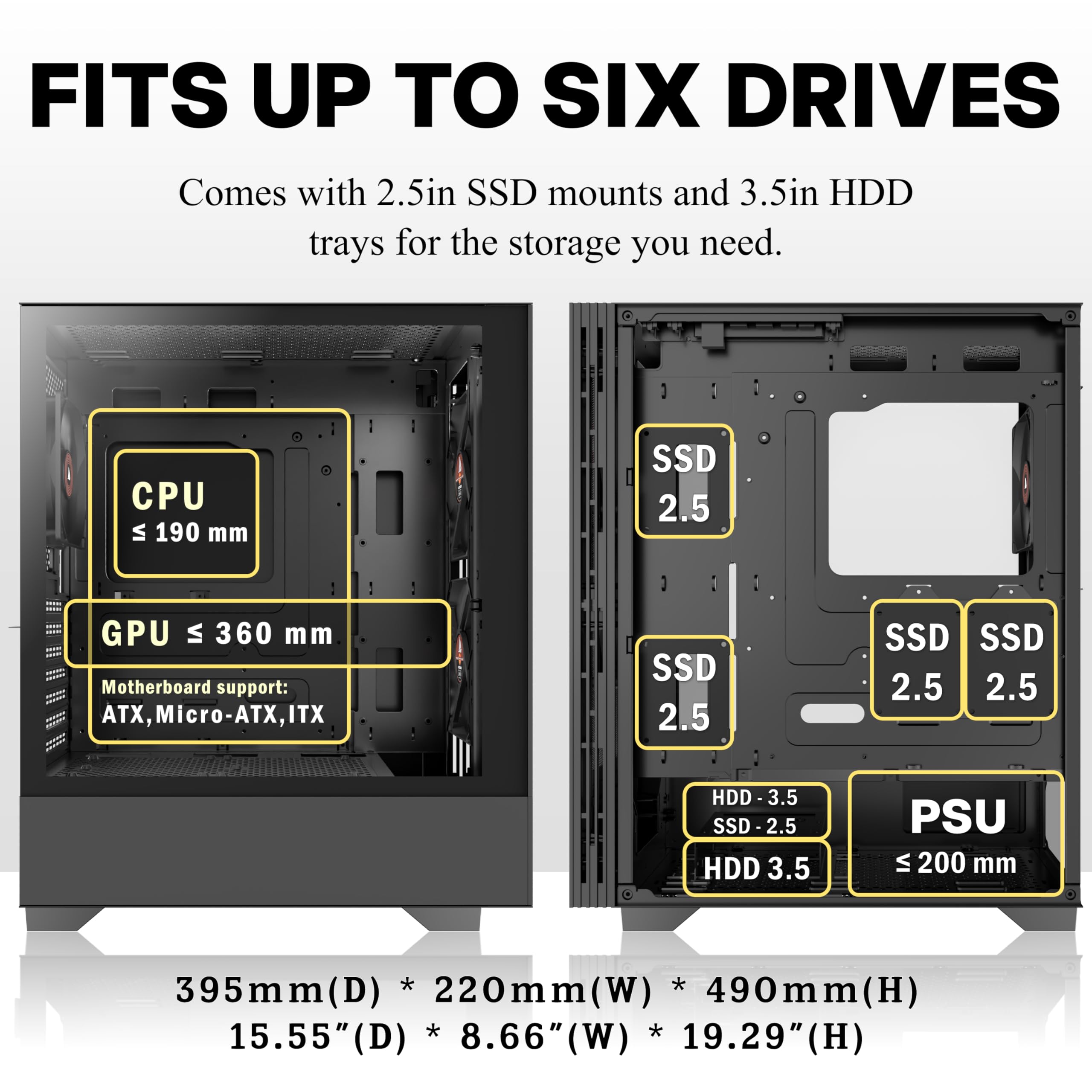 Case per PC Case ATX 3 preinstallata, case per computer Mid Tower con vetro temperato, pannelli in legno di noce stampati, supporto radiatore da 360 mm, custodia da gioco nera (H3)