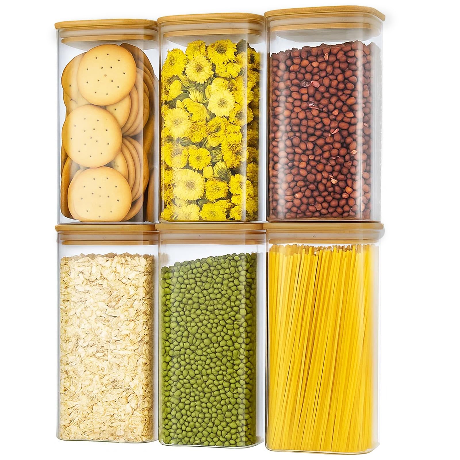 Sunnynest 1600Ml 6Pcs 3Pcs Large Glass Storage Jars With Airtight Lids -2100Ml Clear Pantry Organizer Containers For Spaghetti, Pasta, Cereal, Flour, Rice & Dry Food, Kitchen Countertop Canisters (1600Ml 6Pcs)