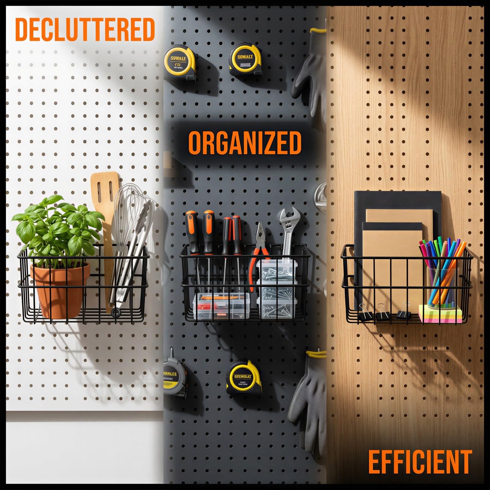 Metall-Hängekorb für Pegboard, 0,5 Zoll/1,27 cm Hakenabstand, offener Drahtkorb, 26 x 17,8 x 14,2 cm, Carbonstahl, wandmontiert, Aufbewahrungskorb für Küche, Bad, Garage und Werkstatt, schwarz
