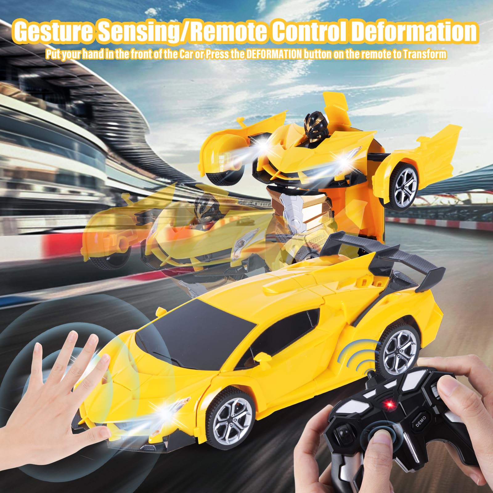 Highttoy Macchina Telecomandata per Bambini, Auto RC Trasformatore Rotazione a 360° con Rilevamento Gesti, Luce e Musica, 2.4GHz Robot Trasformatore Giocattoli Bambini 3 4 5 6 7 8 Anni, Giallo