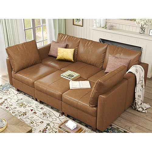 EASE MOOSE Faux Leather Sectional Modular Sofa， Faux Leather Modular Couch with Storage Sleeper Modular Sectional Sofa Couch Bed,Brown