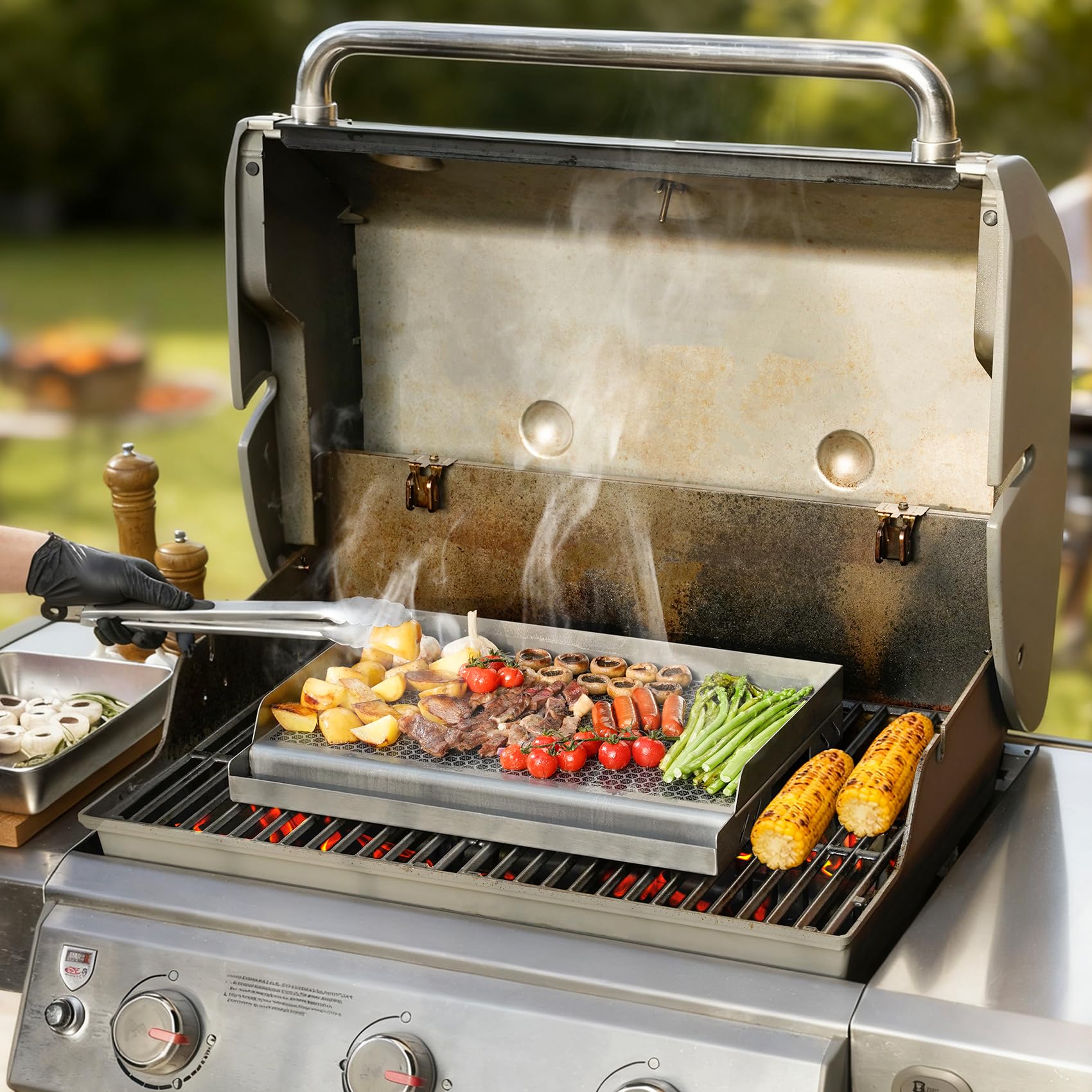Onlyfire 45 x 32 cm Plancha Barbecue Hybride en Acier Inoxydable, Plaque de Cuisson avec Revêtement Céramique Nid d'Abeille, Antiadhésive et Robuste, pour Barbecue à Gaz, Charbon et Cuisinière