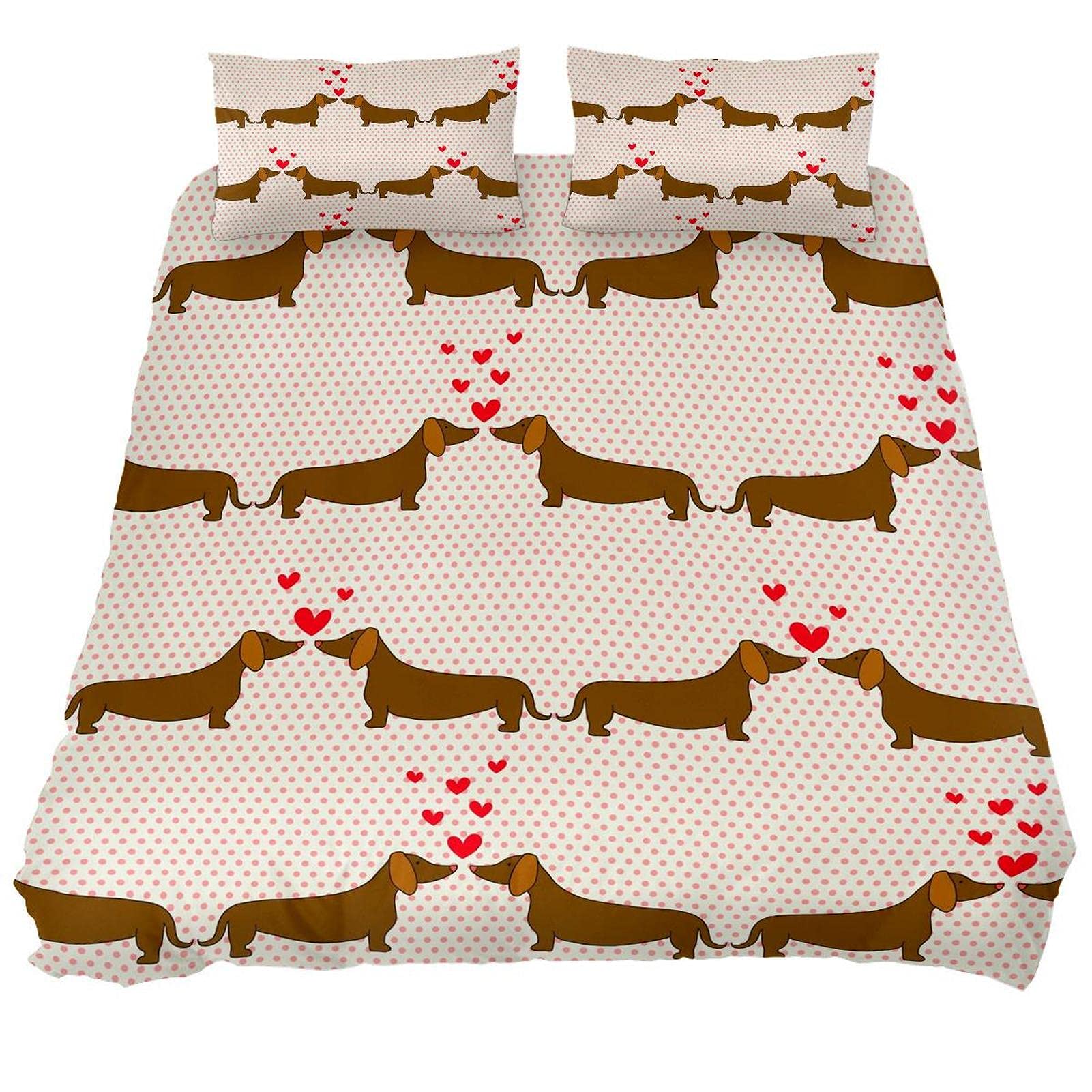 Kawaii Dackel Pärchen Bettbezüge, weiches Steppbettwäsche-Set mit Reißverschluss, pflegeleichter Tenel-Stoff, 3-teilig (1 Bettbezug + 2 Kissenbezüge)