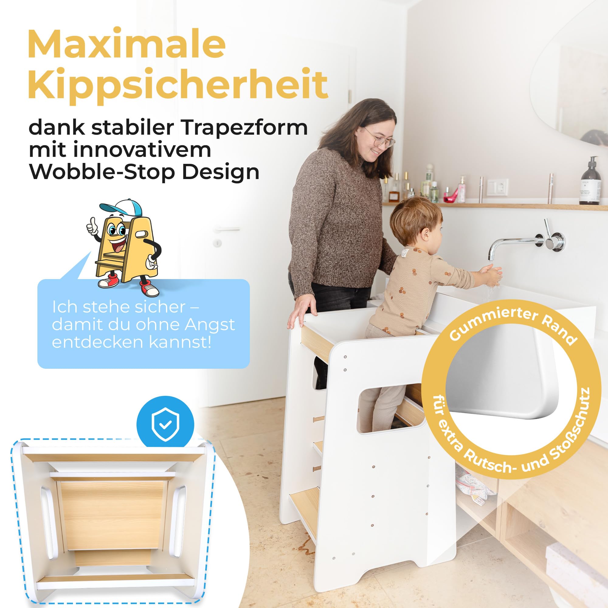 Lernturm für Kinder ab 1 Jahr – Mit Aktivitätskarten für echte Nutzung im Alltag, sicherer Learning Tower mit Wobble Stop Design, 2 Stufen & höhenverstellbar für Küche & Bad | Montessori (Weiß)