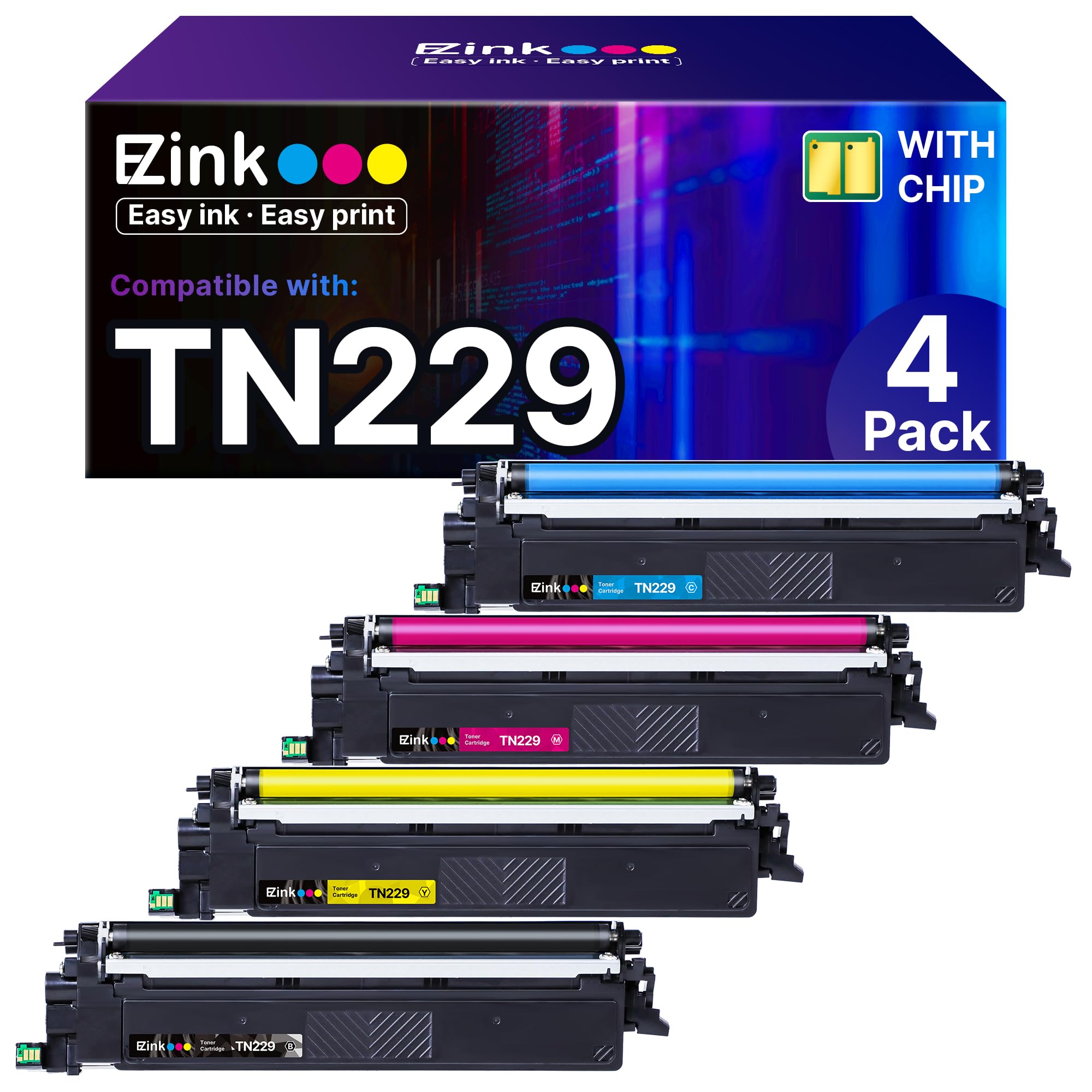 E-Z Ink Compatible Replacement for Brother TN229 TN229xl Toner Cartridges 4 Pack High Yield for MFC-L3780CDW HL-L3280CDW MFC-L3720CDW HL-L3220CDW HL-L3295CDW HL-L8245CDW TN-229 TN229 B/C/M/Y (4 Pack)