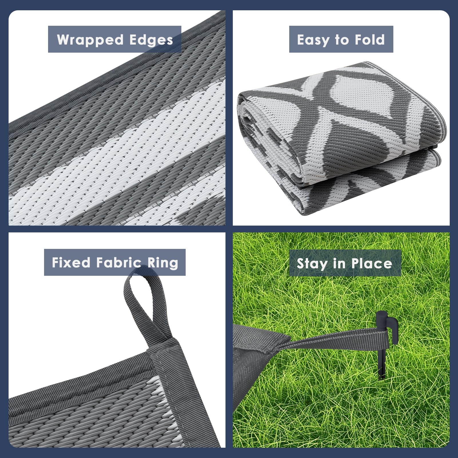 VK·LIVING Grand Tapis d'Extérieur pour Patios Imperméable 180X270cm Tapis de Jardin Réversible Tapis de Sol en Léger Tapis de Patio Pliable et Portable pour Balcon Camping Cour RV Plage Gris&Blanc