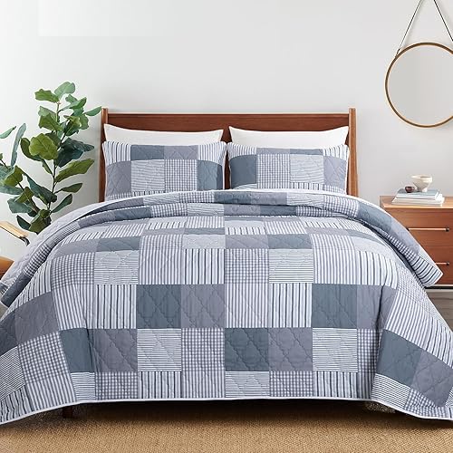 Miniatura 2 de HOMBYS Juego de colcha de retazos a cuadros de tamaño King de 128 x 120 pulgadas, juego de colcha acolchada ligera a cuadros para todas las