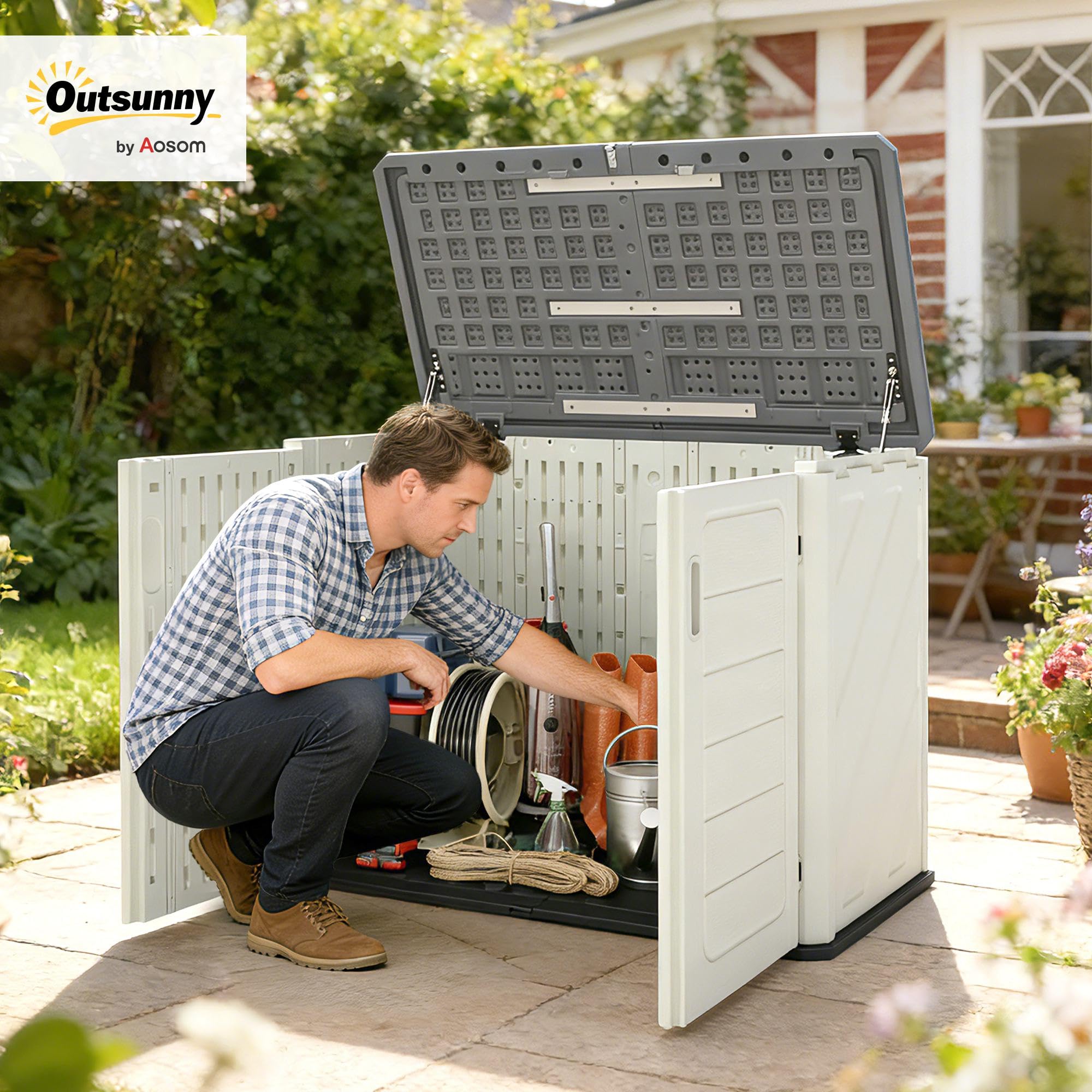 Outsunny Outdoor Storage Cabinet, 35 Cu.Ft Waterproof Outdoor Storage Shed with Lockable Doors and Openable Top for Garbage Bins, Generator and Lawn Mower, Assembly - 2