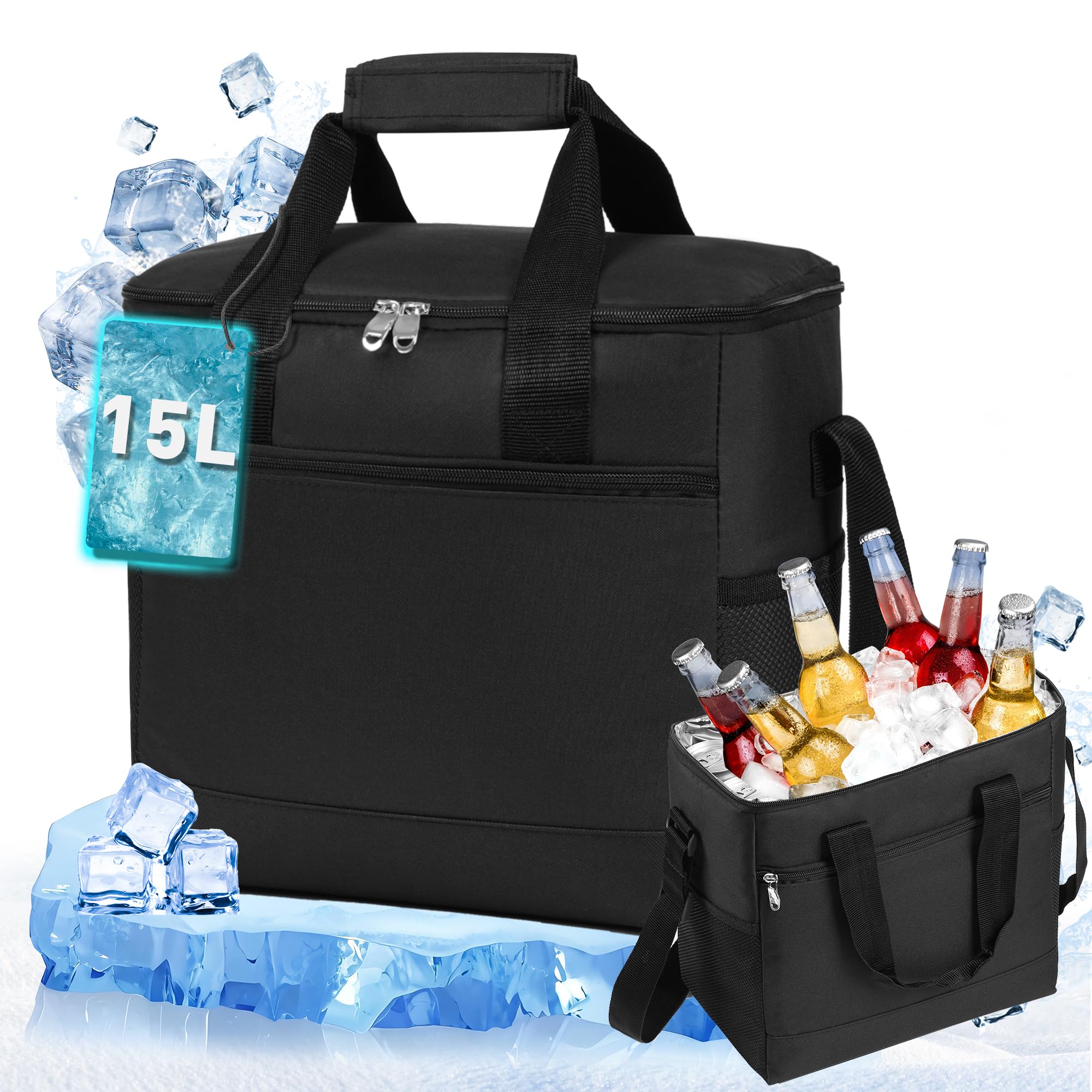 Kühltasche Wählbare Kapazität 15L, Thermotasche Picknicktasche Groß Isolierte Lunchtasche,Kühltasche Klein, Tragbare Cooler Bag Einkaufstasche für Strand/Picknick/Camping (Grau)
