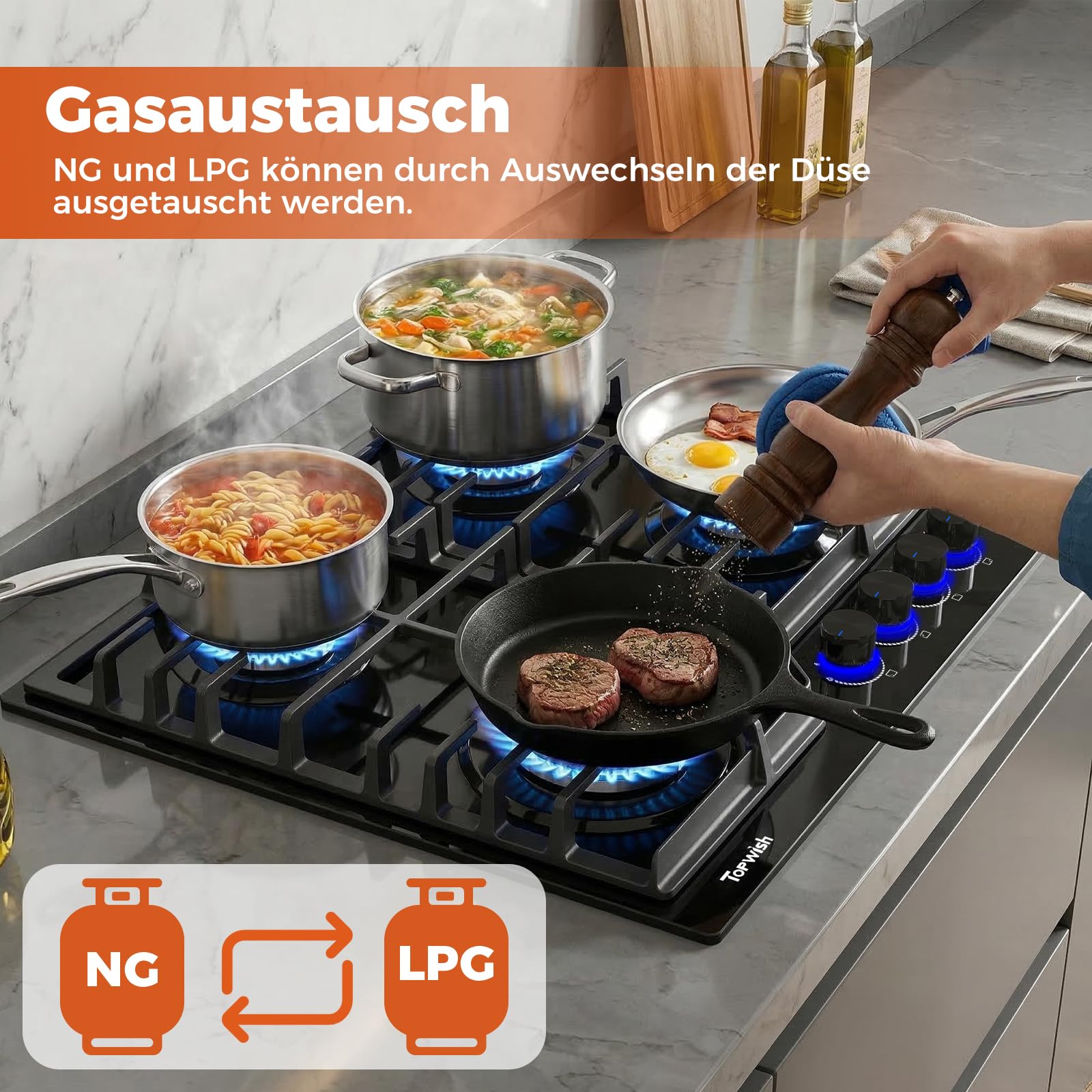 Topwish Gaskochfeld 4 flammig, Gaskochfeld mit blaue beleuchteter drehknopf | Gaskochfeld einbau 60cm, Gasfeld 4 flammig, NG/LPG konvertierbar, flammabriss Schutz, Zündautomatik, 8000 Watt