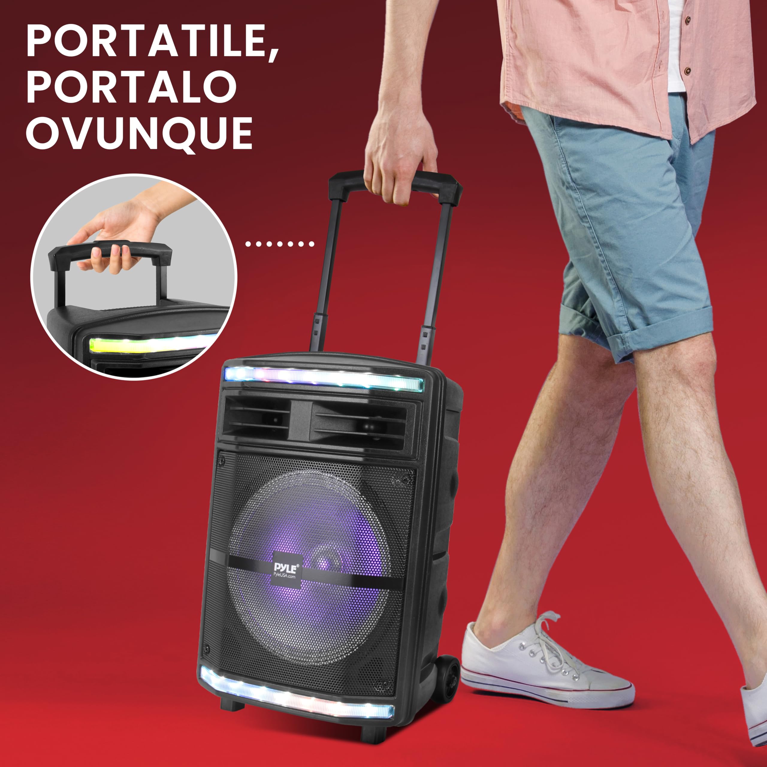 Pyle Speaker Bluetooth Portatile Ricaricabile da 600 Watt, Altoparlante Amplificato Portatile con Ingresso Microfono da 2,54cm, Luci da Festa, Lettore di Schede MP3/USB SD e Ruote Girevoli