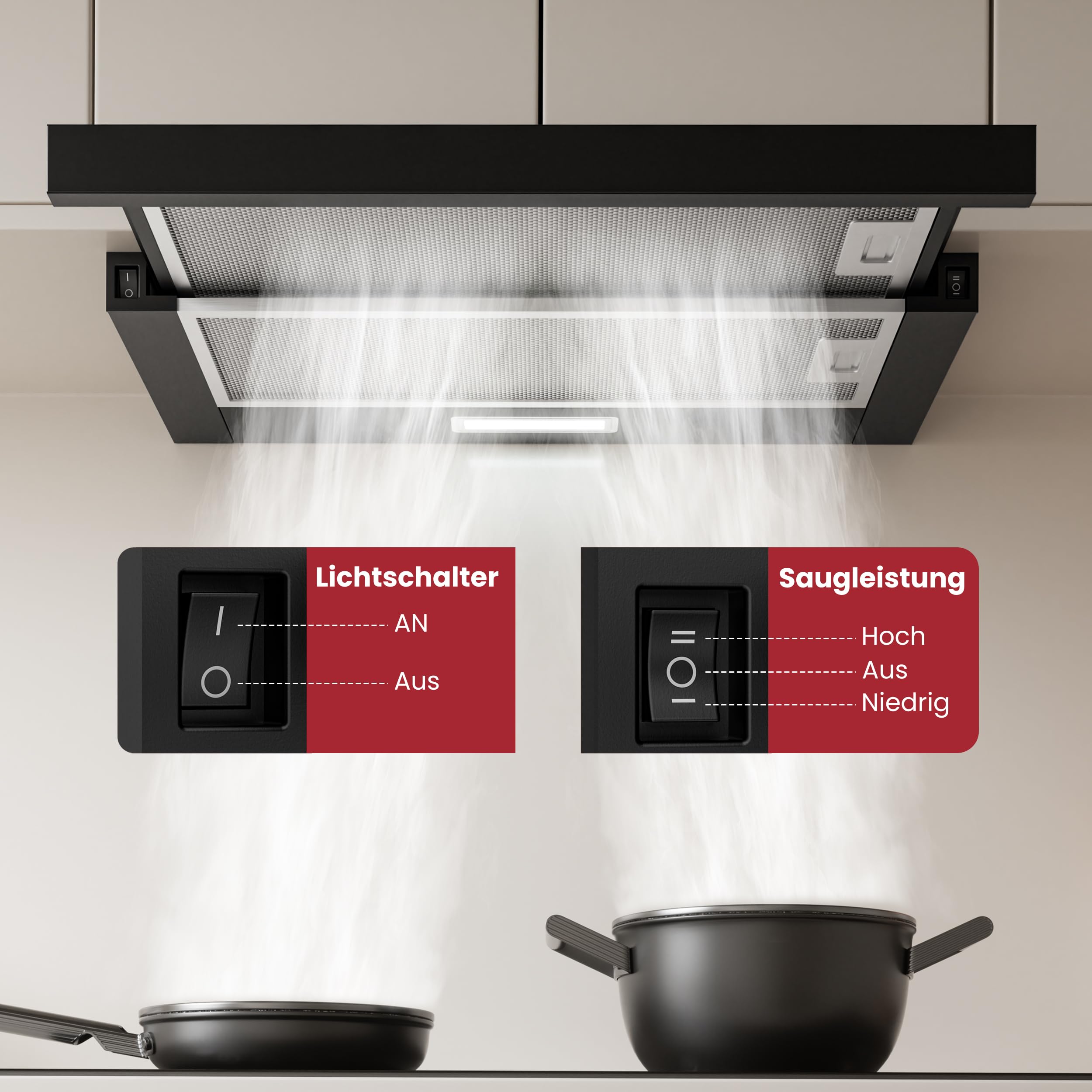 LEVIVO Dunstabzugshaube 60cm Unterbau Umluft Abluft 400 m³/h Flachschirmhaube 2 Stufen LED-Licht Ausziehbar Schwarz