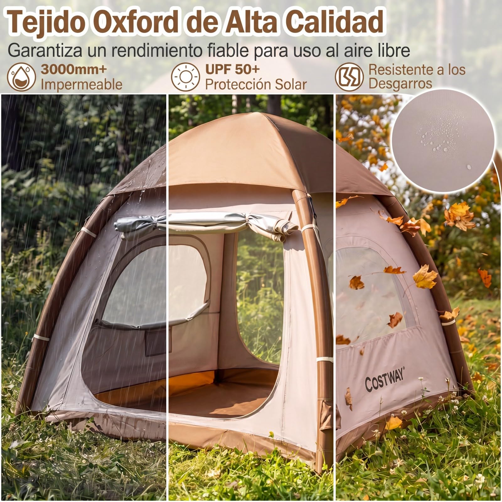 COSTWAY Tienda de Campaña para 2-4 Persona, Tienda de Campaña Hinchable con Bomba de Aire, Puertas y Ventanas de Malla, Estacas y Cuerdas de Sujeción, Bolsa de Transporte, 208 x 208 x 196 cm