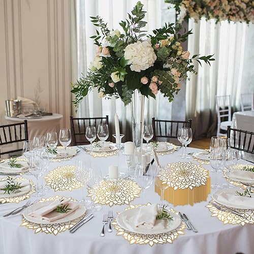 Miniatura 6 de 50 manteles individuales desechables dorados metálicos redondos de papel redondo floral para mesa, tapete de ajuste de mesa de papel prensado