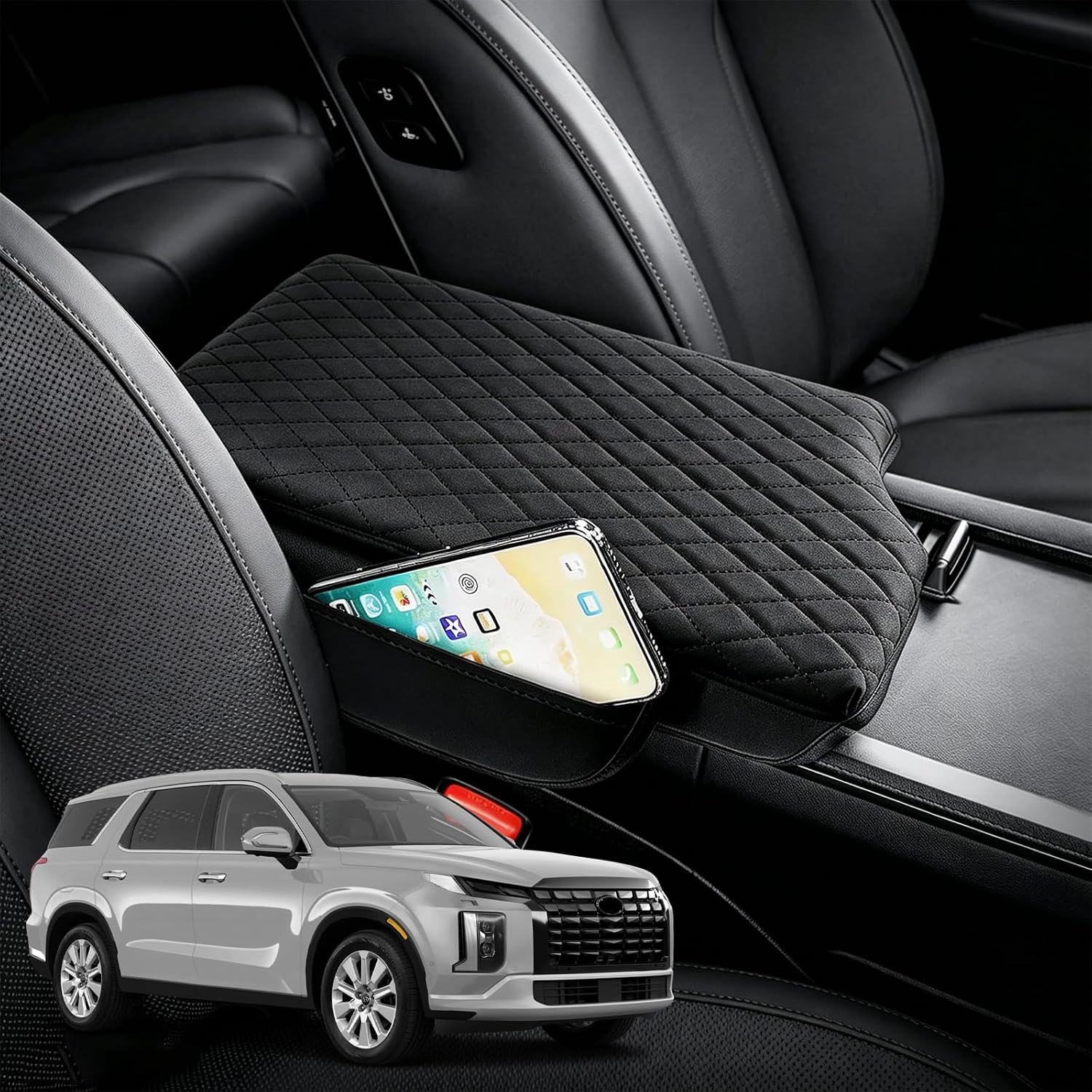 Center Console Cover Compatible with Hyundai Palisade 2020-2025 Accessories, Breathable PU Leather Armrest Cover Cushion Pad 2 Pockets Storage Bag Anti-Scratch Protector, Black