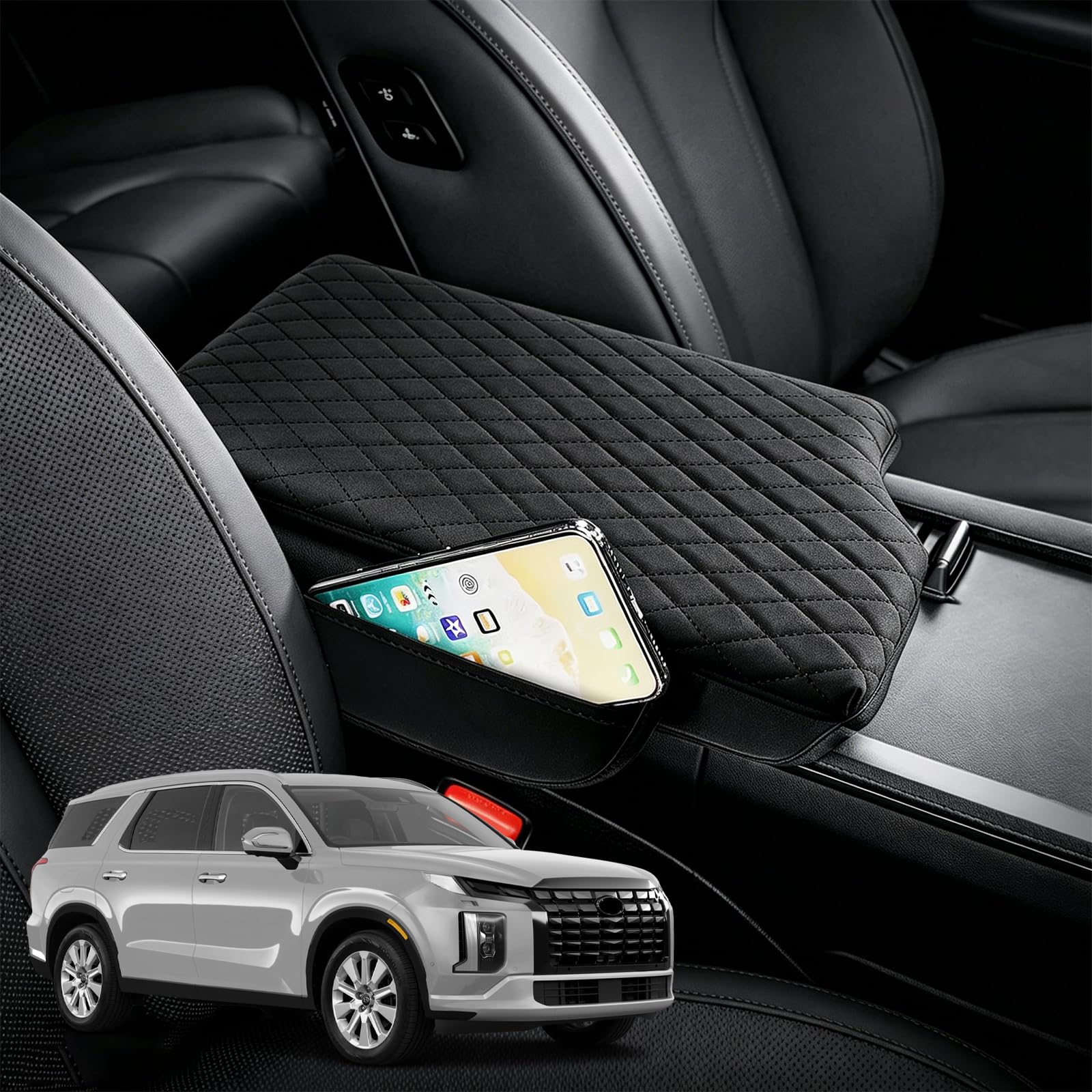 Center Console Cover Compatible with Hyundai Palisade 2020-2025 Accessories, Breathable PU Leather Armrest Cover Cushion Pad 2 Pockets Storage Bag Anti-Scratch Protector, Black