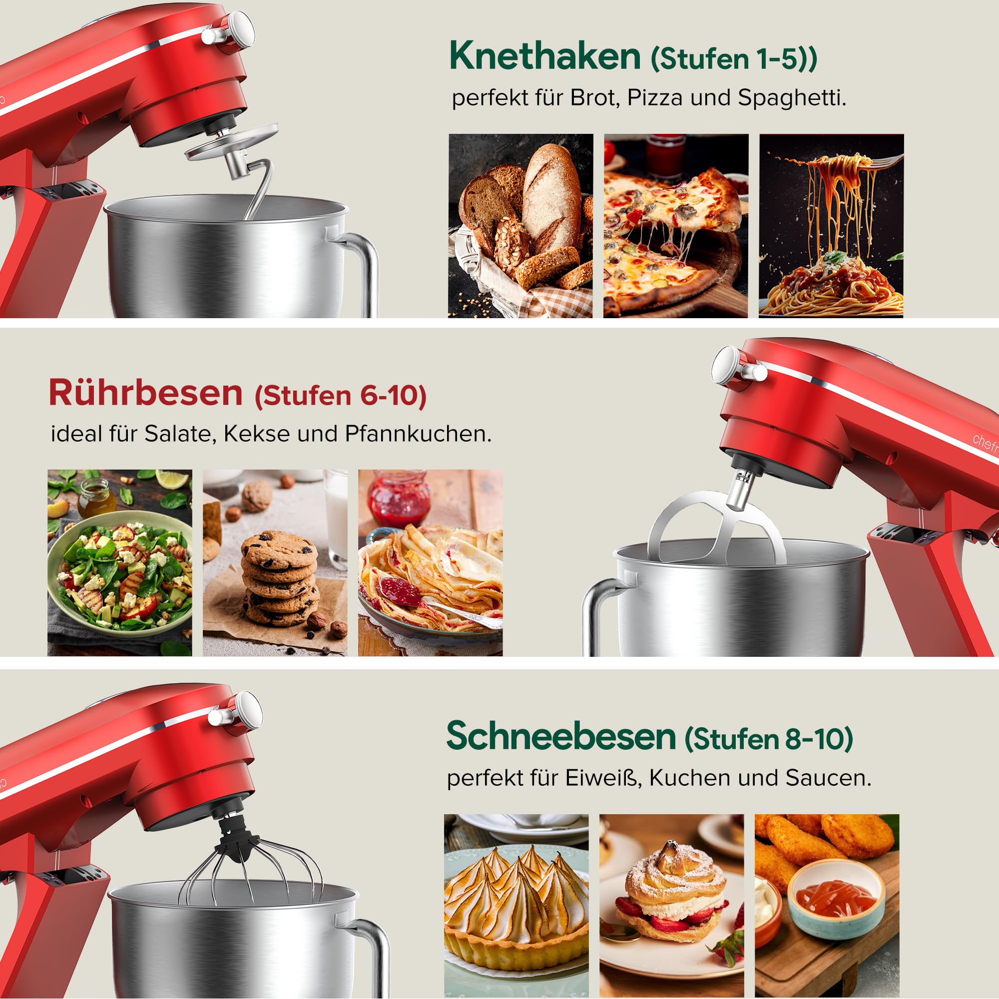 Chefree Knetmaschine Profi Küchenmaschine,7L Schüssel mit 3 Rührwerkzeuge, 1800W,LED-Touchscreen,10 Stufen,Knethaken Rühr- & Schneebesen,Planetenrührwerk,Rot,M500