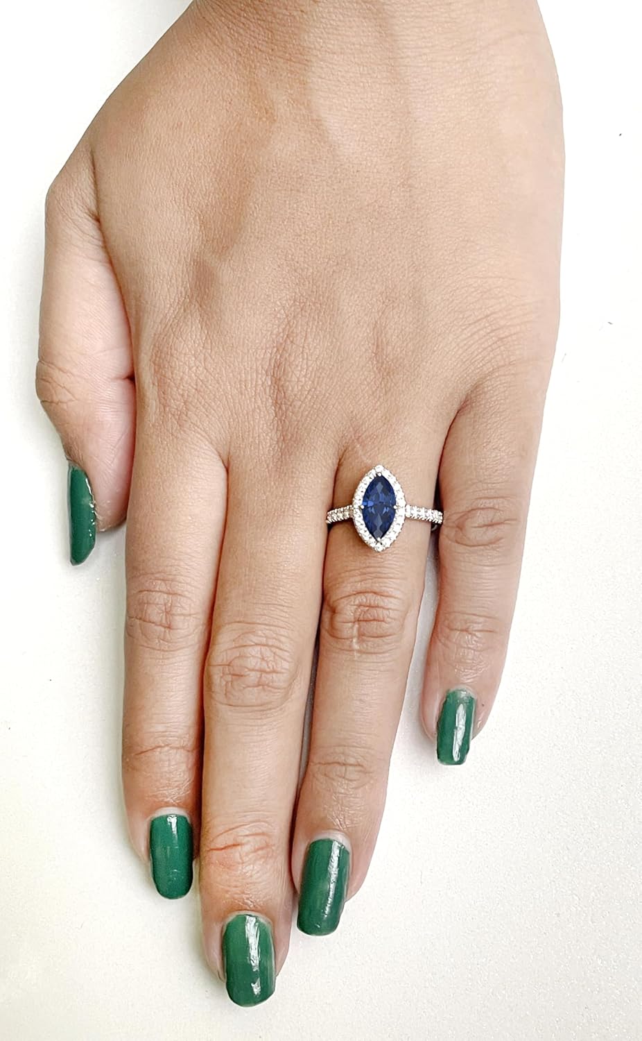 1 Carat Marquise Cut Blue Sapphire & Diamond Halo Engagement Ring For Women, 14K Gold Plated 925 Silver September Birthstone Bridal Side Stone Ring
