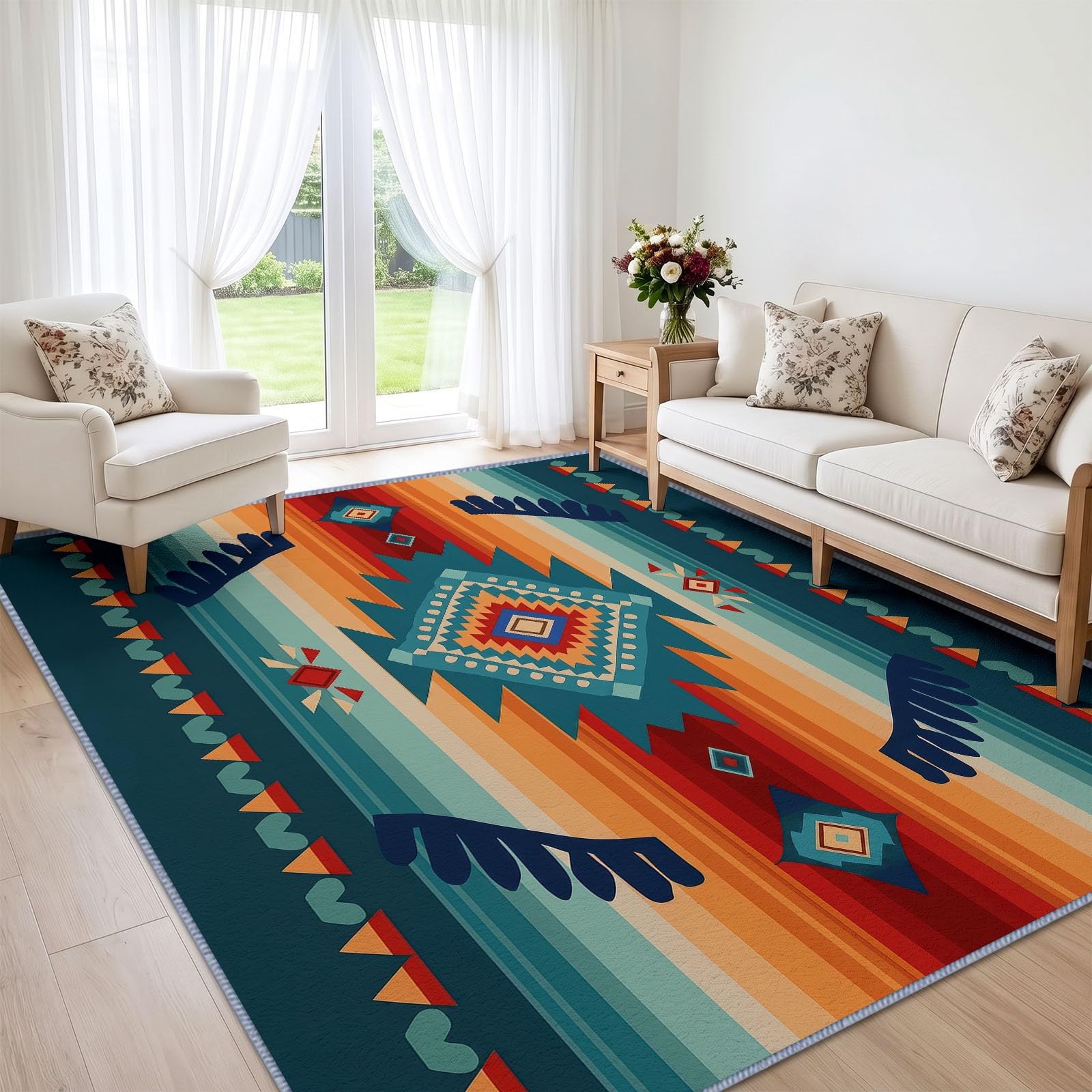 Generisch Raute Flammenstern Kurzflor Teppich 120 x 170 cmweich pflegeleicht, Ethno-Stil Waschbarer Teppich rutschfest Kurzflorig Weich für Wohnzimmer Schlafzimmer Esszimmer