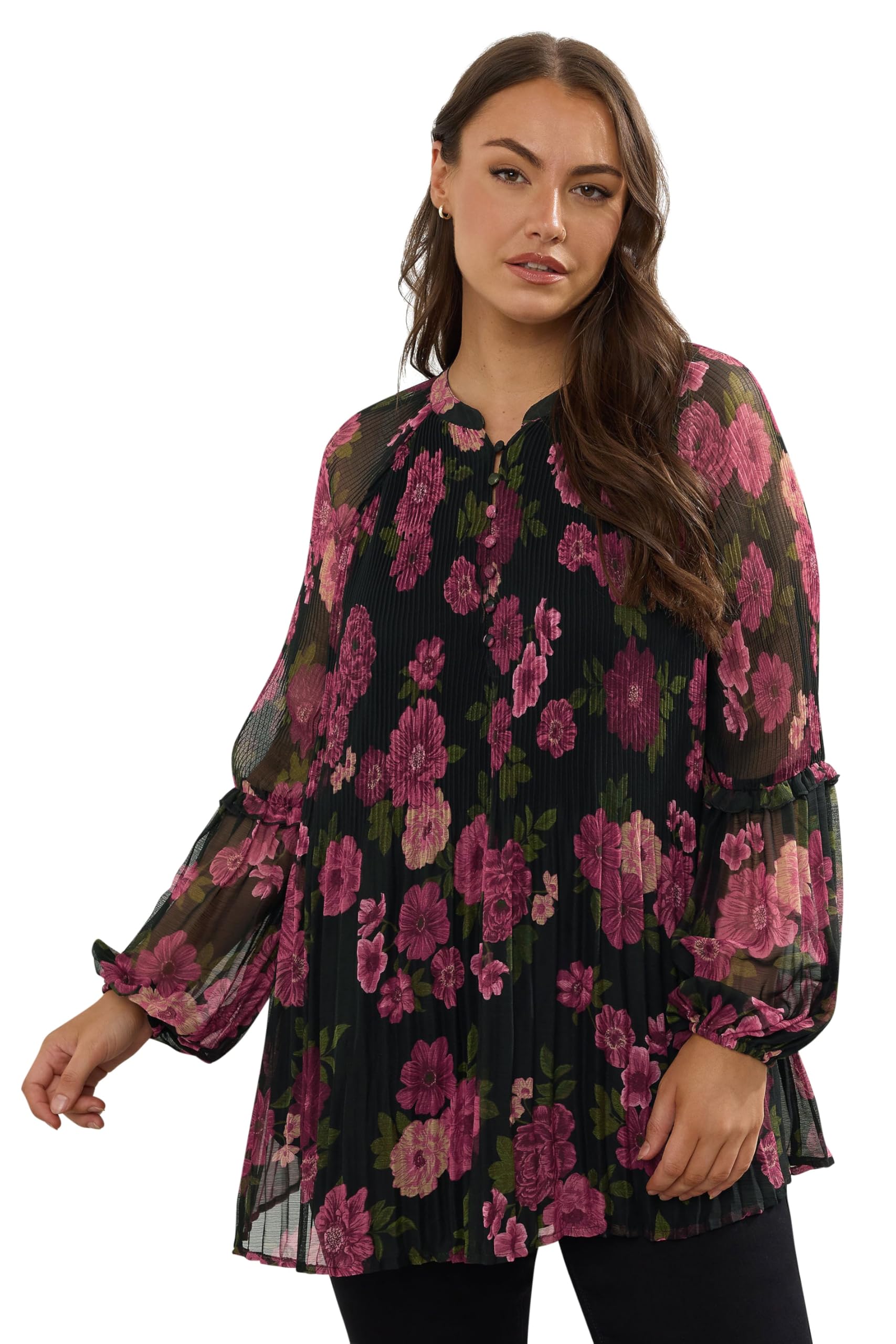 Yours Women's Black Curve Floral Print Pleated Blouse - Plus Size Curve