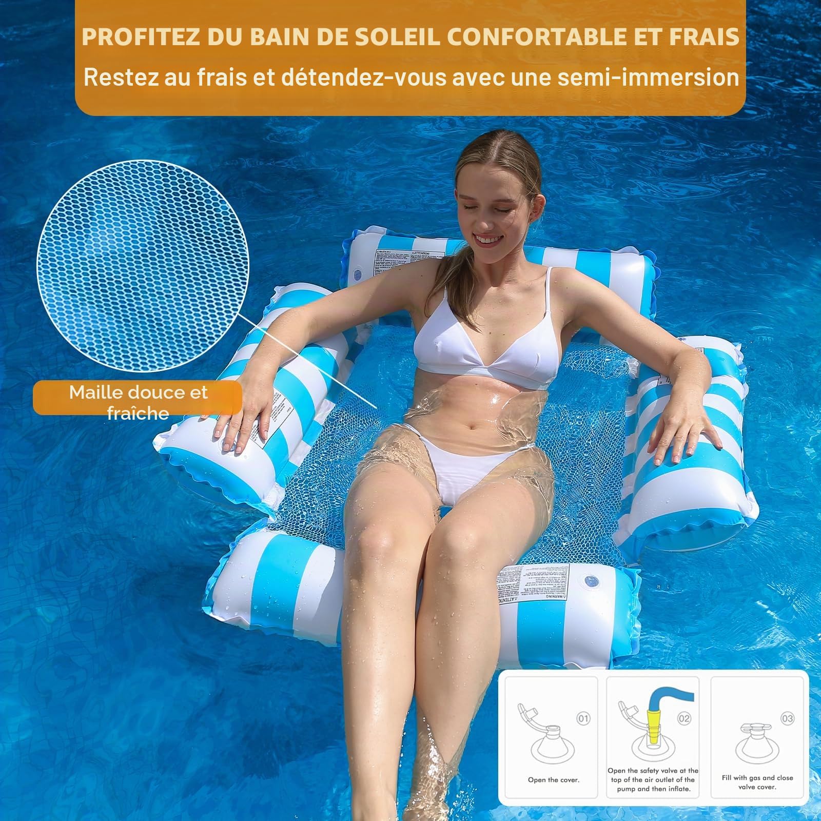 Lot de 3 Hamacs Gonflables Piscine 4 en 1, Bouée Piscine Adulte avec Filet, Fauteuil Flottant et Matelas Piscine Gonflable, Chaise Longue Flottante pour Adultes, Enfants, Plage, Vacances