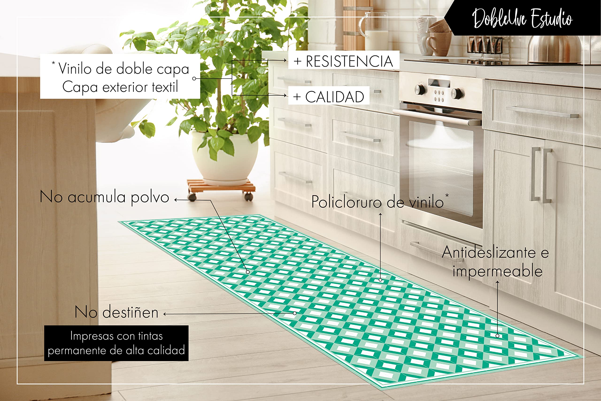DobleUve Estudio Tapis Vinyle 26 | Vert | 80x200 cm | Tapis Cuisine | Tapis de Salon Antidérapant Antifongique Ignifuge | Tapis Enfants | Tapis Bain PVC | Tapis PVC