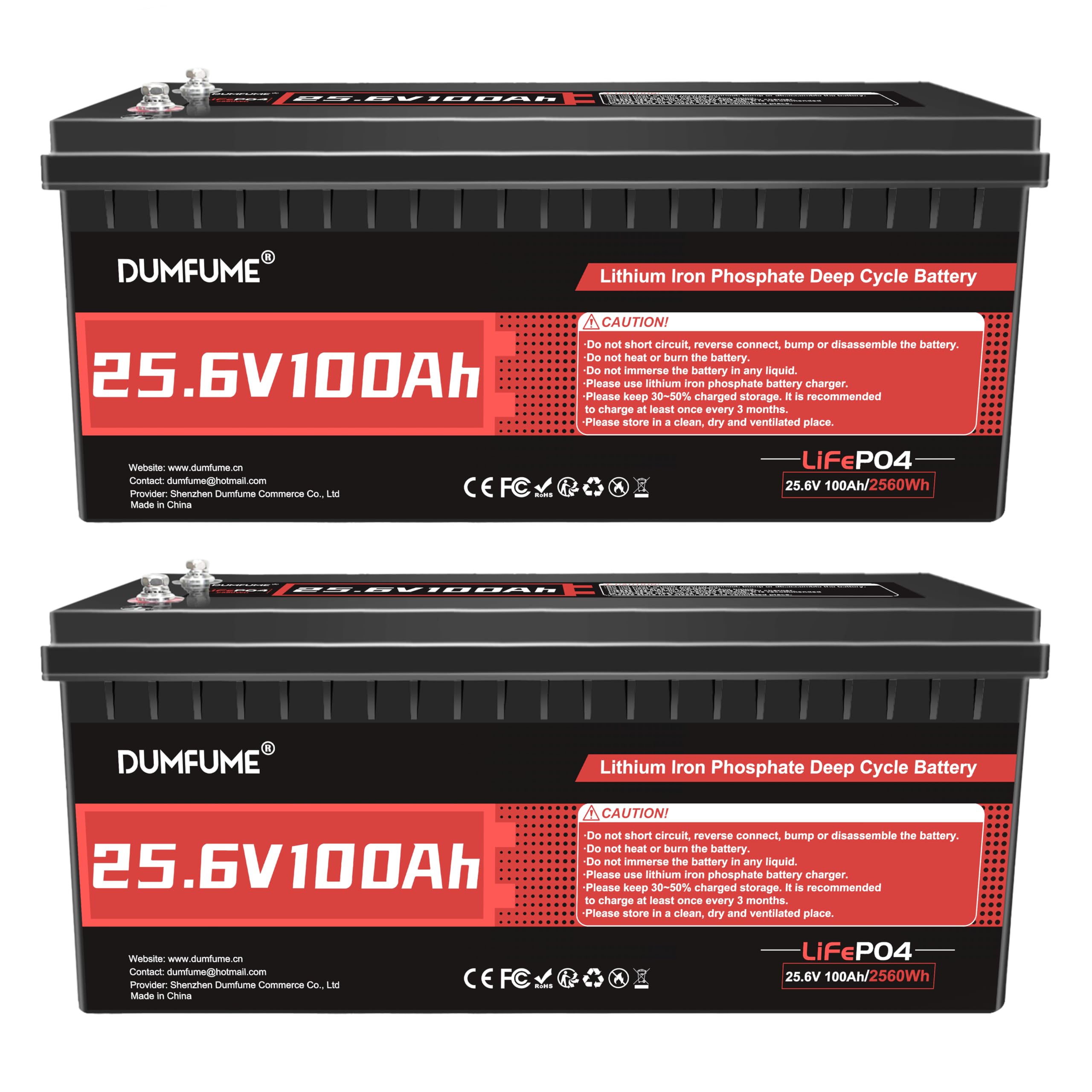 Dumfume 2 pack 24V 100Ah LiFePO4 Lithium Battery, Built-in 100A BMS, 2560W Power Output, Up to 15000 Cycles, Ideal for RV, and Solar Off-Grid Systems