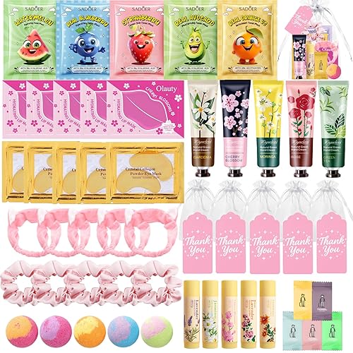 55 piezas de suministros de fiesta de spa para niñas, recuerdos de fiesta de spa, máscaras faciales de frutas, máscaras de labios, parches debajo de