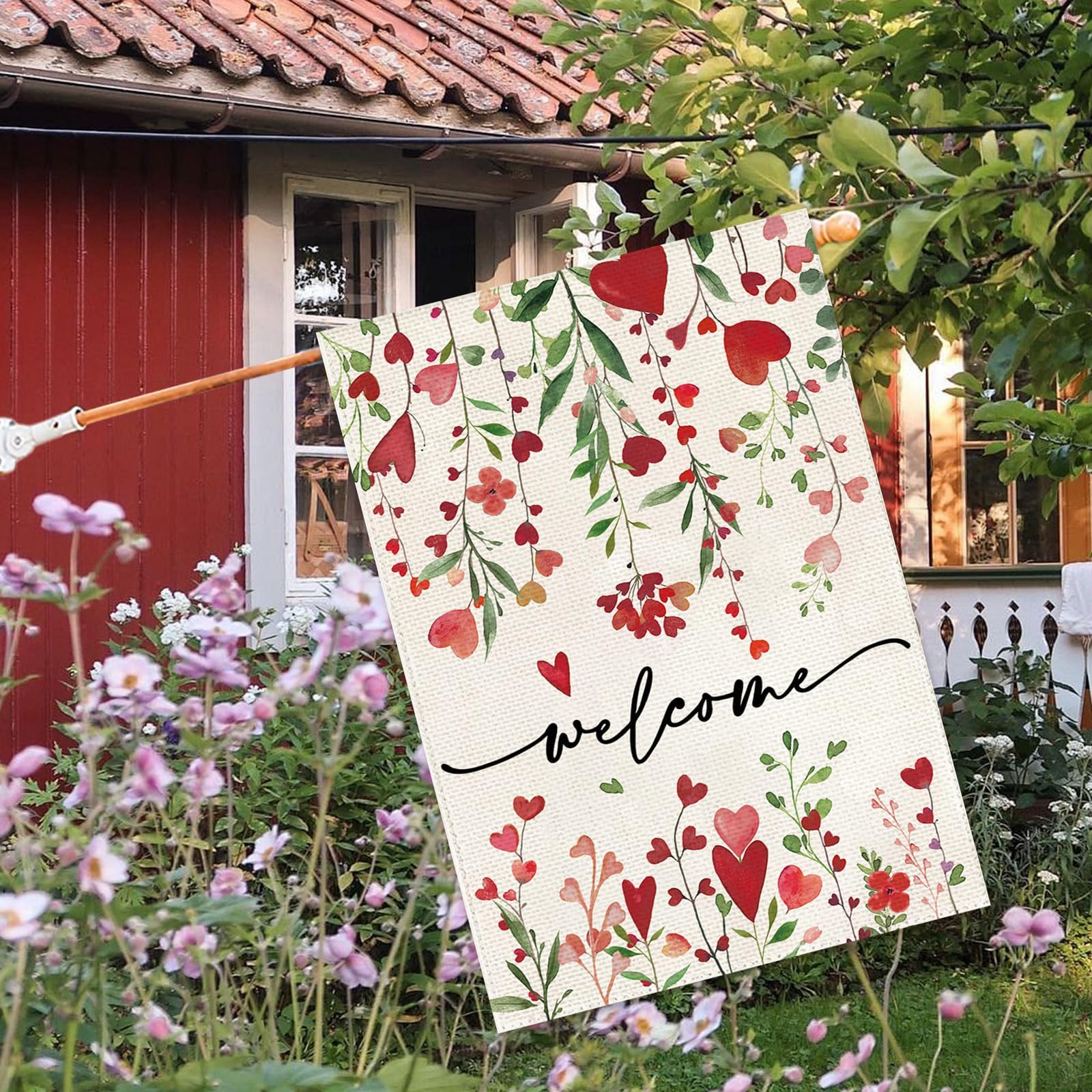 Baccessor Walentynki powitalny dom flaga 71 x 102 cm pionowa dwustronna czerwona miłość serce kwiatowy dziedziniec wiosna dom wiejski wakacje na zewnątrz powitalny trawnik dekoracja (duża)