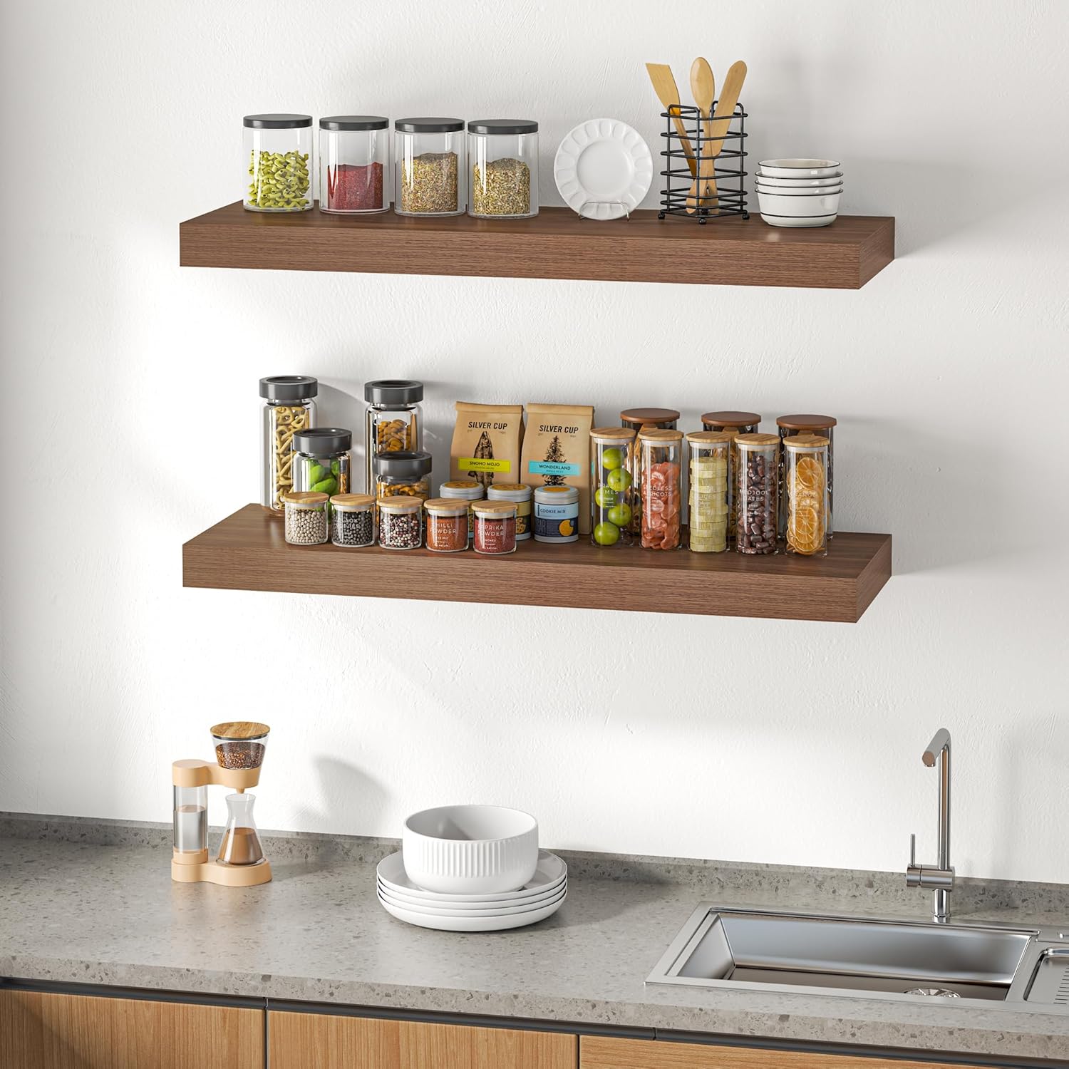Dreamland 40" Floating Shelves for Wall, 12" Deep Thicker Walnut Floating Shelves, Wall-Mounted Shelves for Bedroom, Living Room, Kitchen, Bathroom - Set of 2