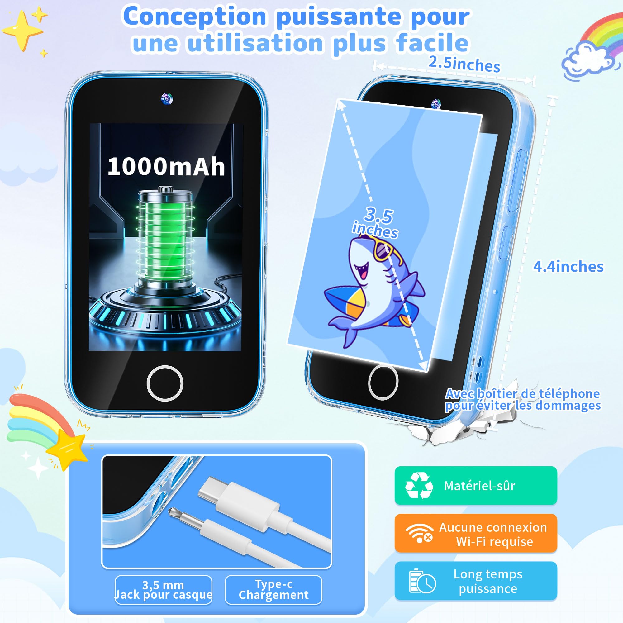 Telephone Portable pour Enfant, Smartphone pour Enfants|Écran Tactile 3,5 Pouces, Conception protégeant Les Yeux|Jeux éducatifs|Cadeau pour Filles et garçons âgés de 3,4,5,6, 7,8,9,10,11,12 Ans, Bleu