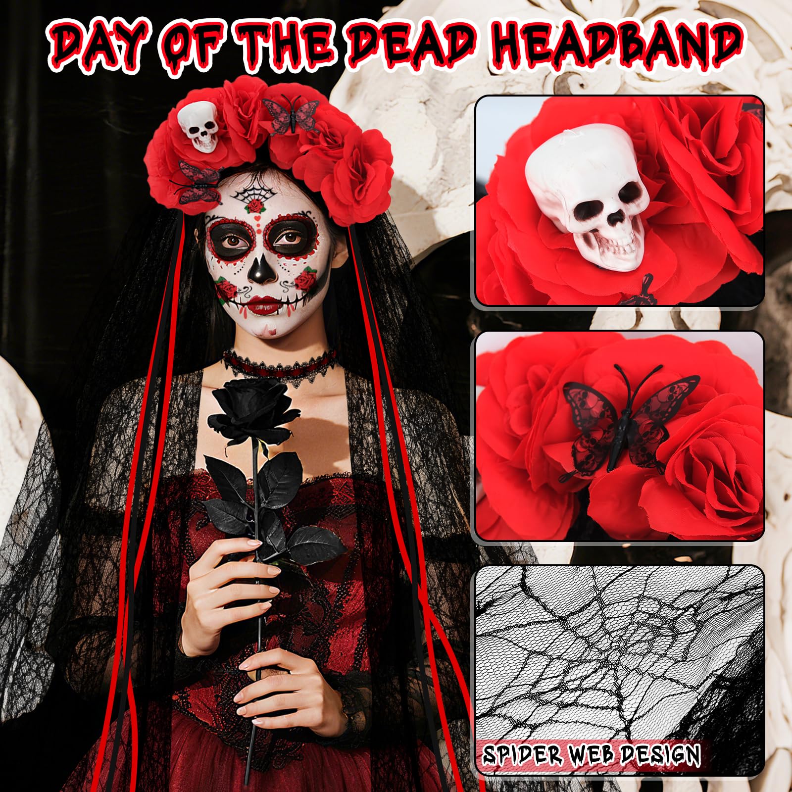 Yotako Day of the Dead Costumes for Women Day of the Dead Headband Accessories, Veil, Tattoo, Black Rose, Necklace - Image 3