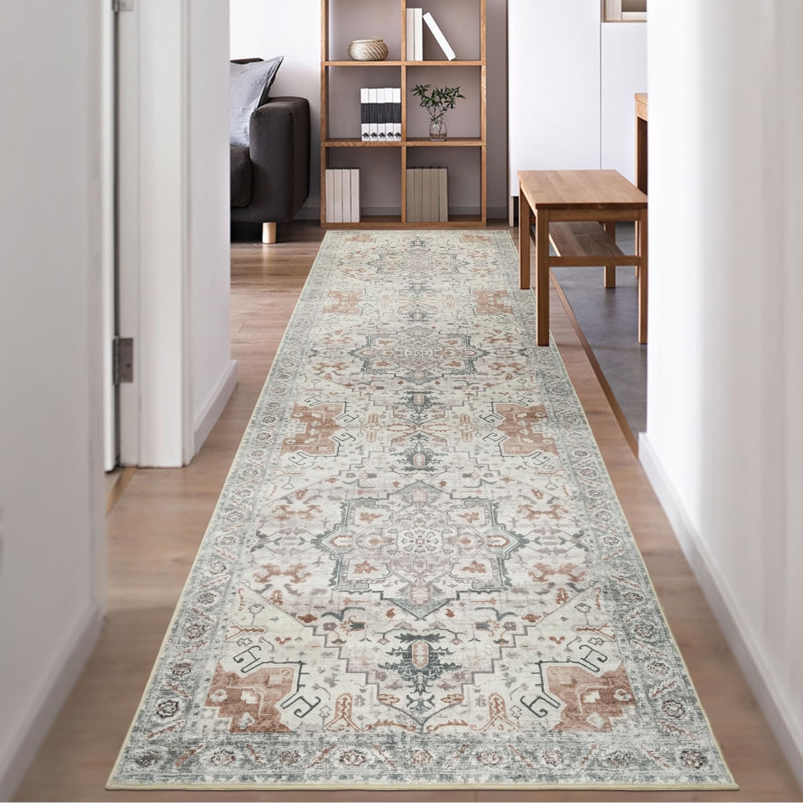 Famibay Rug Runner Hallway 80 x 300 cm Kitchen Runner Washable Non-Slip Kitchen Rug Runner Hallway Rug Long Rug Runner Vintage for Entrance Bedroom Living Room