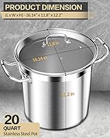 Vista 2 de Olla de acero inoxidable de 20 cuartos de galón con tapa de vidrio templado, base de 3 capas, 8.8 libras, acabado pulido, adecuada para estufa