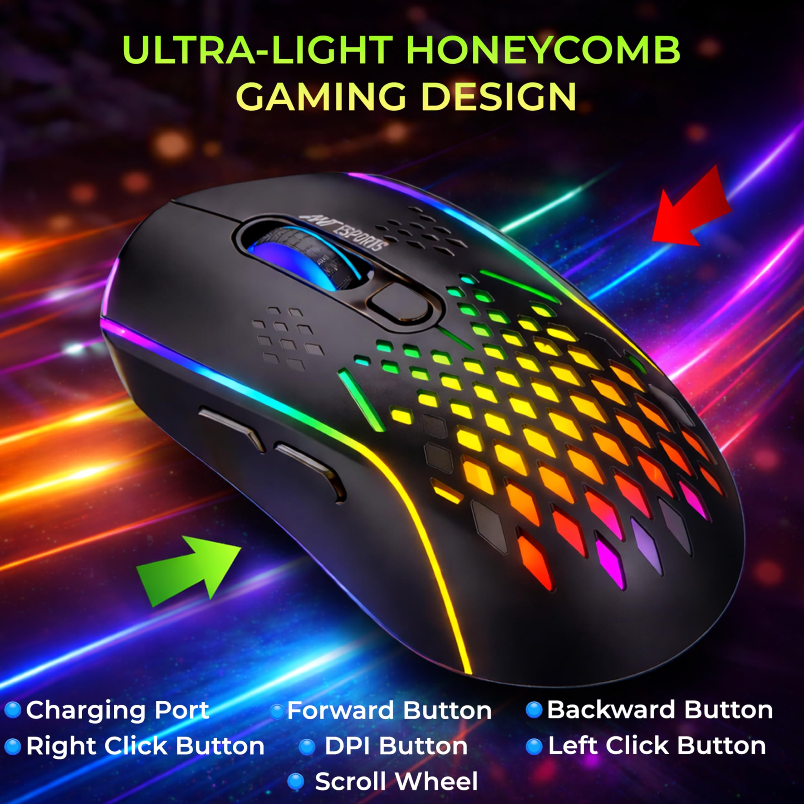 Ant Esports GM700 Wireless Gaming Mouse |4800 DPI Adjustable Sensor |11 RGB LED Modes | Lightweight Honeycomb Design |2.4GHz Low Latency |Rechargeable Battery | Ergonomic Mouse for PC & Laptop | Black 3