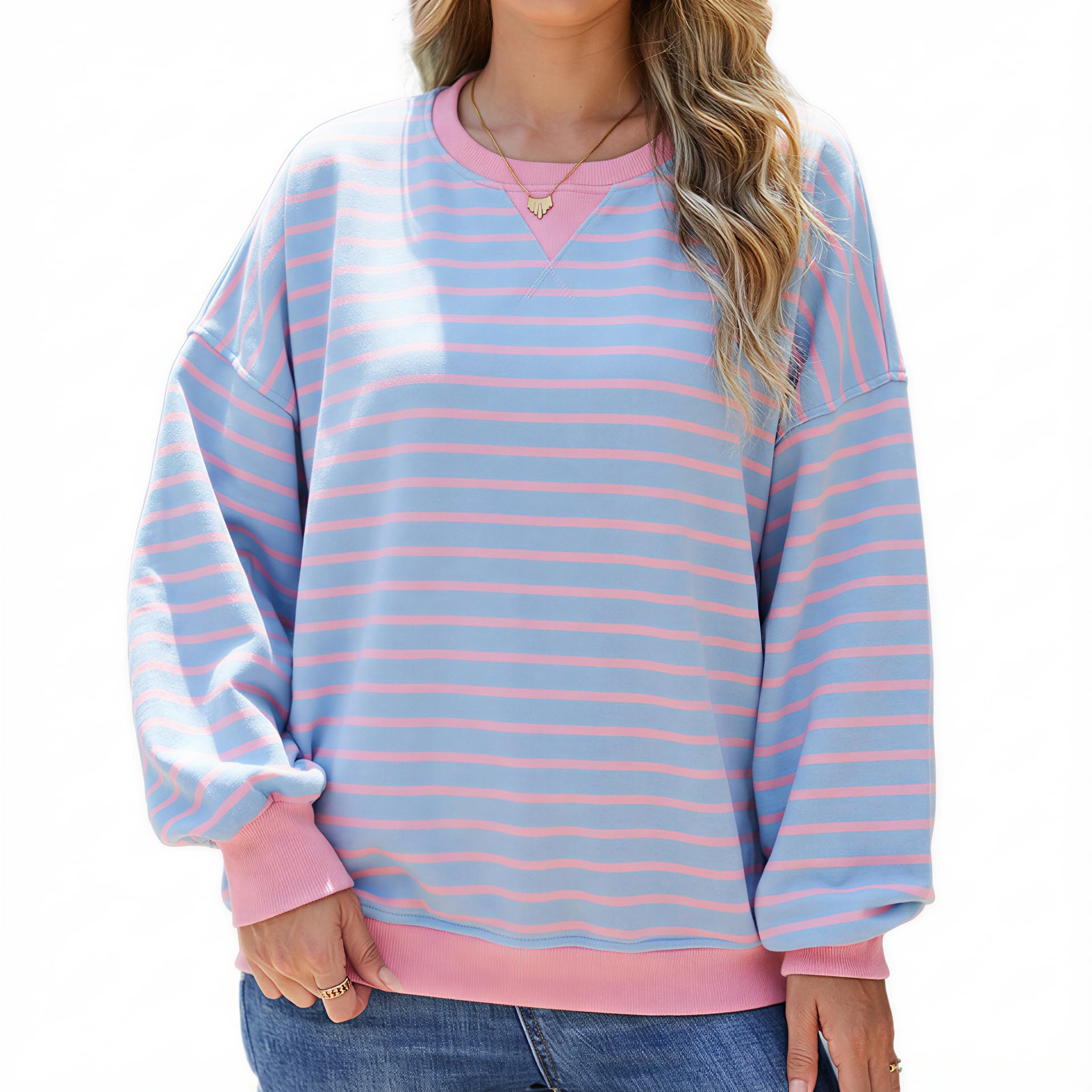 Women's Striped Oversized Sweatshirt, Long Sleeve Crewneck Pullover Top, Casual Fall Clothes-picture-47