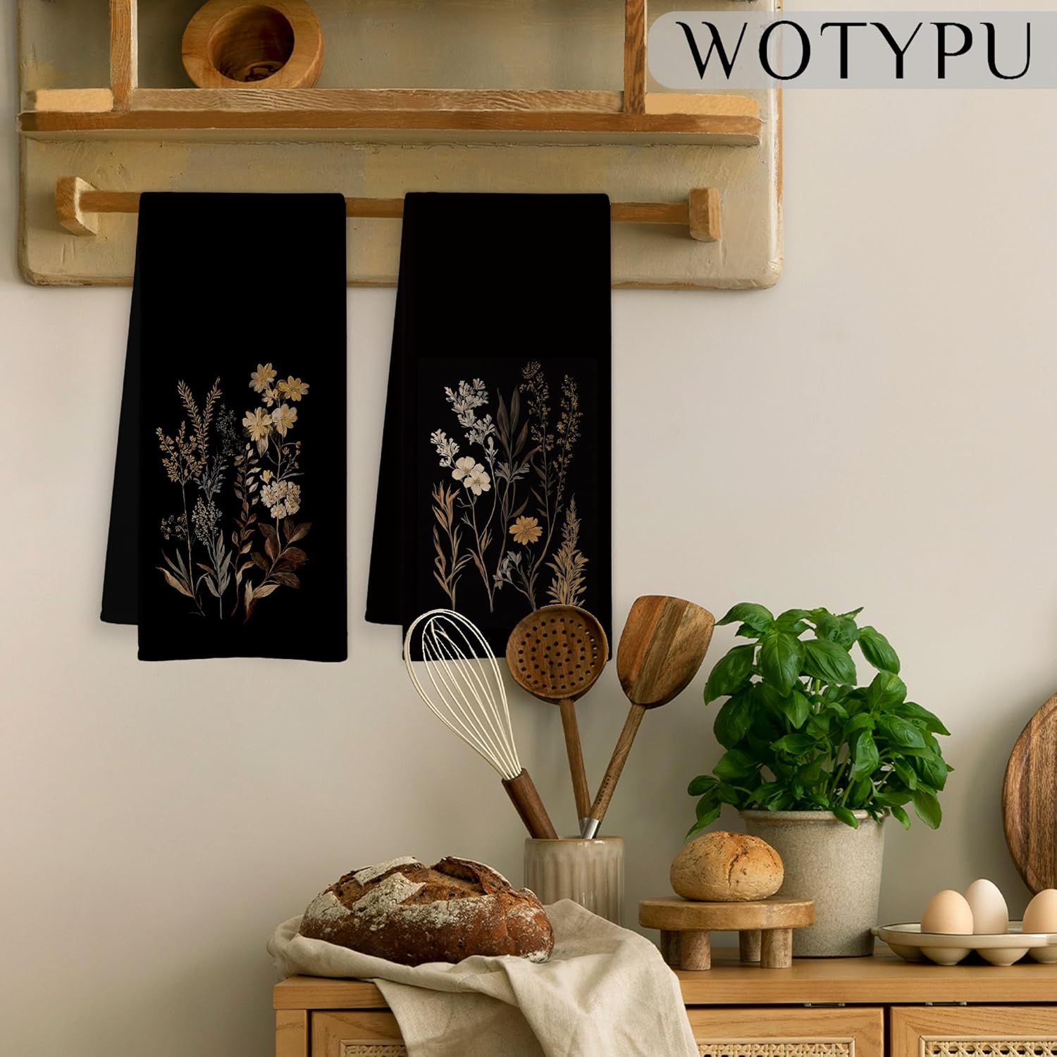 Dark Floral Botanical Kitchen Towels, Vintage Moody Wildflower Dish Tea Towels, Dark Cottagecore Flower Plant Decorative Hand Towel for Bathroom, 16x24 Inch Set of 2 - Image 4