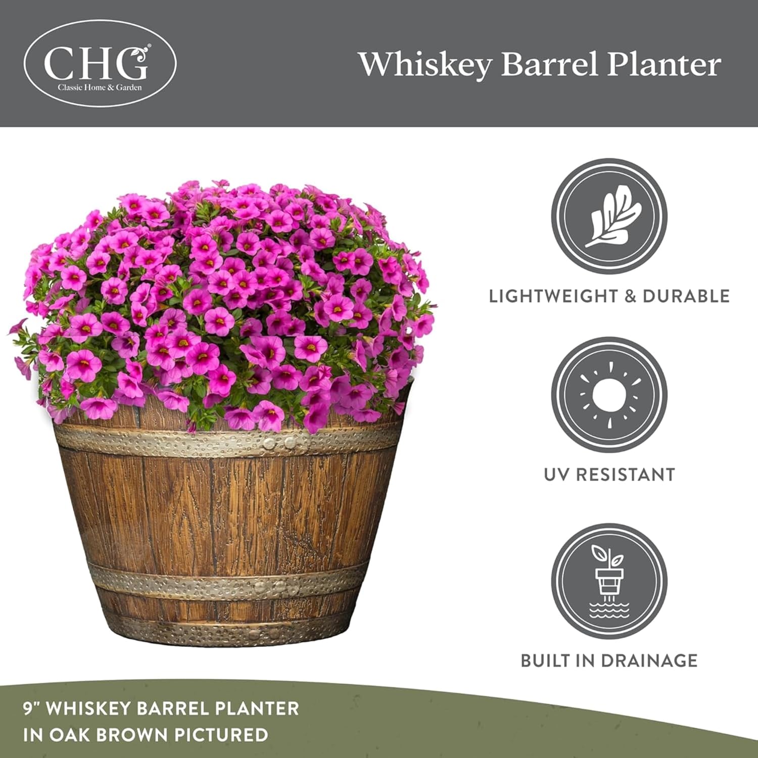 Classic Home and Garden Whiskey Plastic Resin Flower Pot Barrel Planter, Oak Brown, 20.5" (4 Pack)