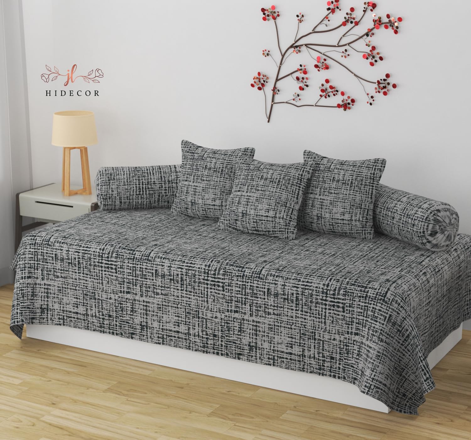 Hidecor Super Soft Cotton Checked diwan Set for Living Room, diwan Covers Cotton, diwan Set 6 Pieces One Single Bedsheet with 3 Cushion Cover,2 Bolster (Grey)