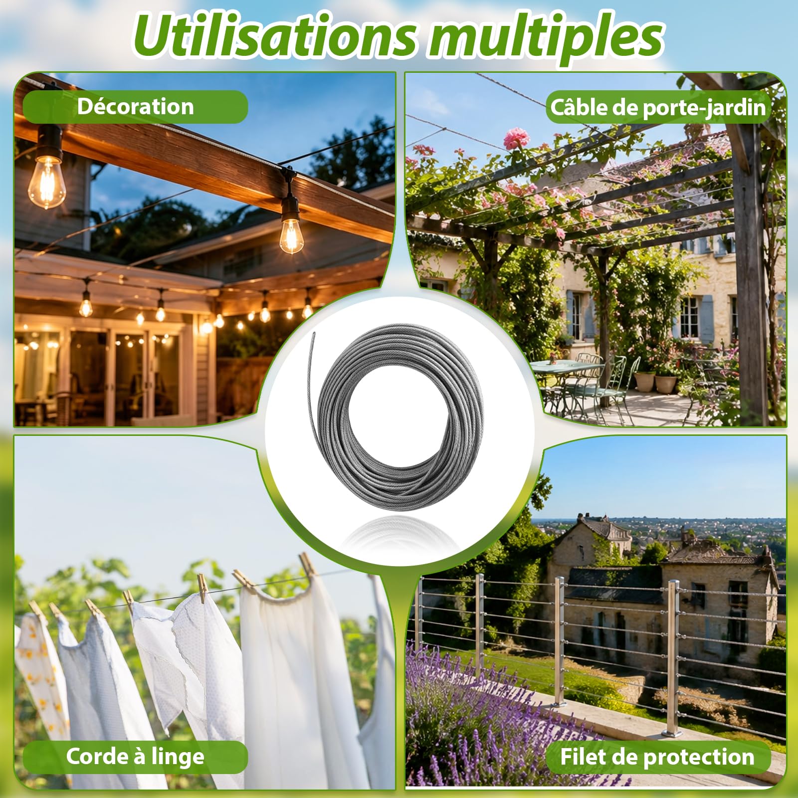ovsor Kit Câble Acier Inoxydable 2 mm x 35 m 65 Pièces | Câble inox 304 résistant avec tendeur, idéal pour plantes grimpantes, corde à linge, tentes et suspensions de luminaires.